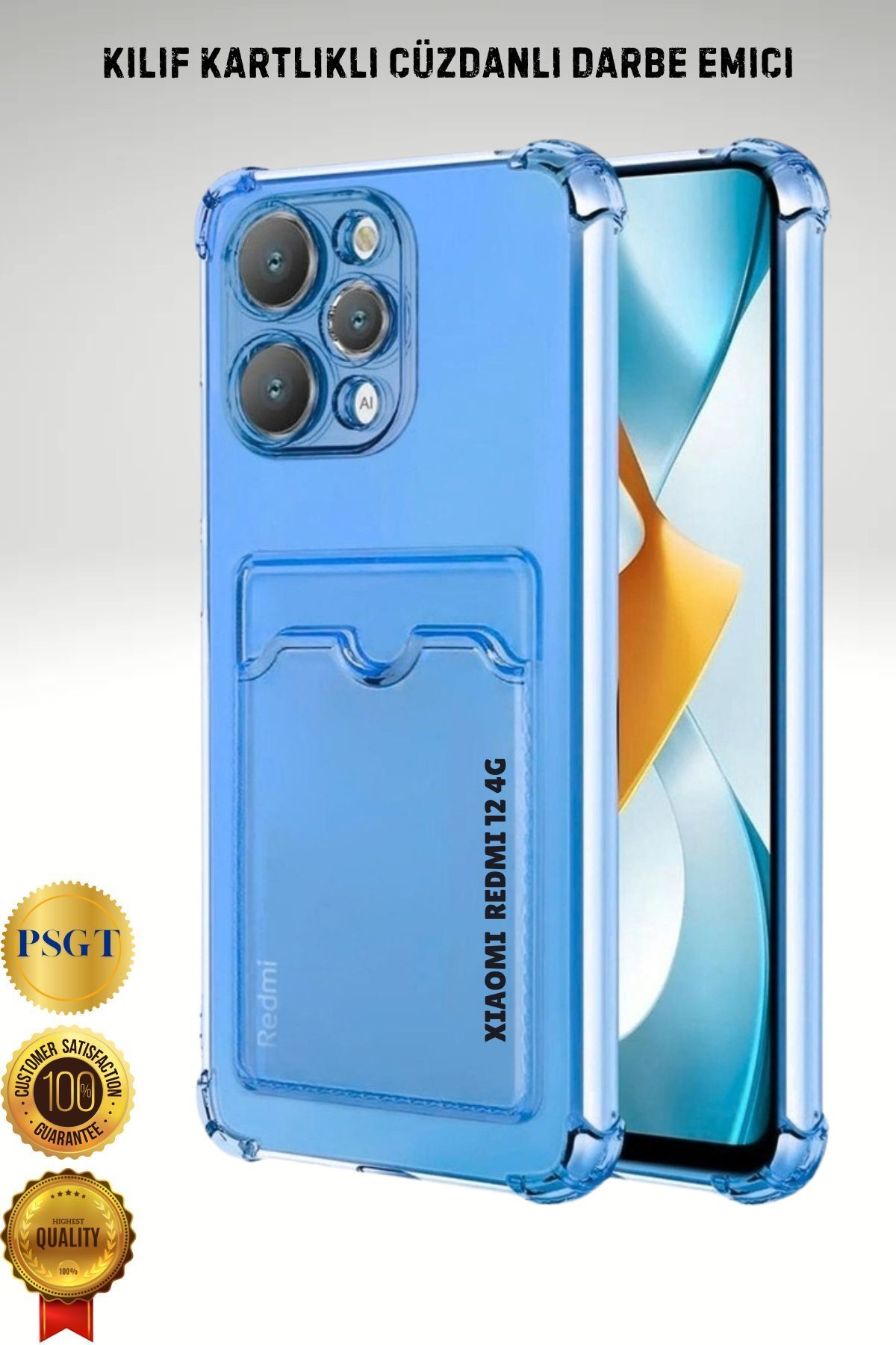 PSGT Xiaomi Redmi 12 4G Uyumlu Kılıf Kamera Koruma Ve Köşe Korumalı Kartlıklı Cüzdanlı Darbe Emici mavi