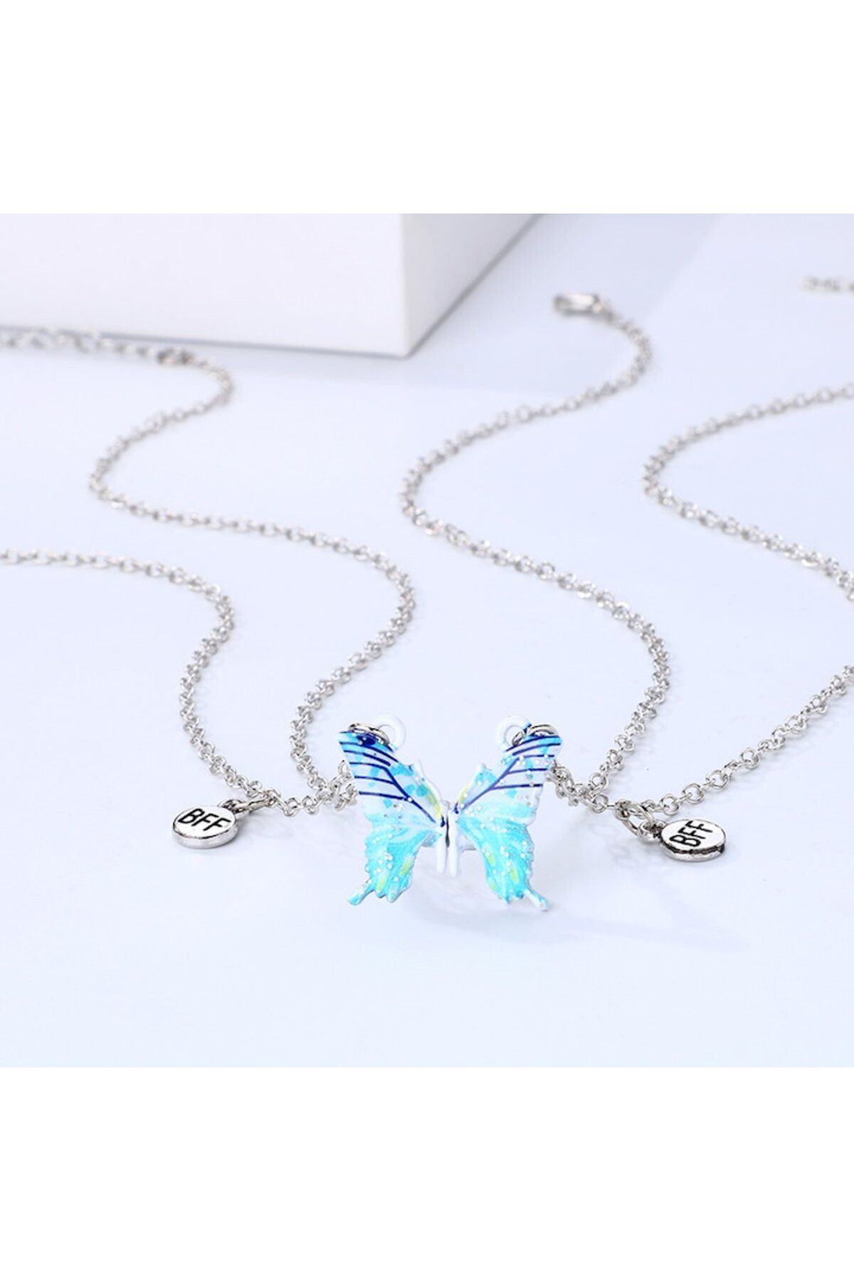 Tessero-Set of two magnetic necklaces for friends, BFF, blue butterfly pattern and c charm 3