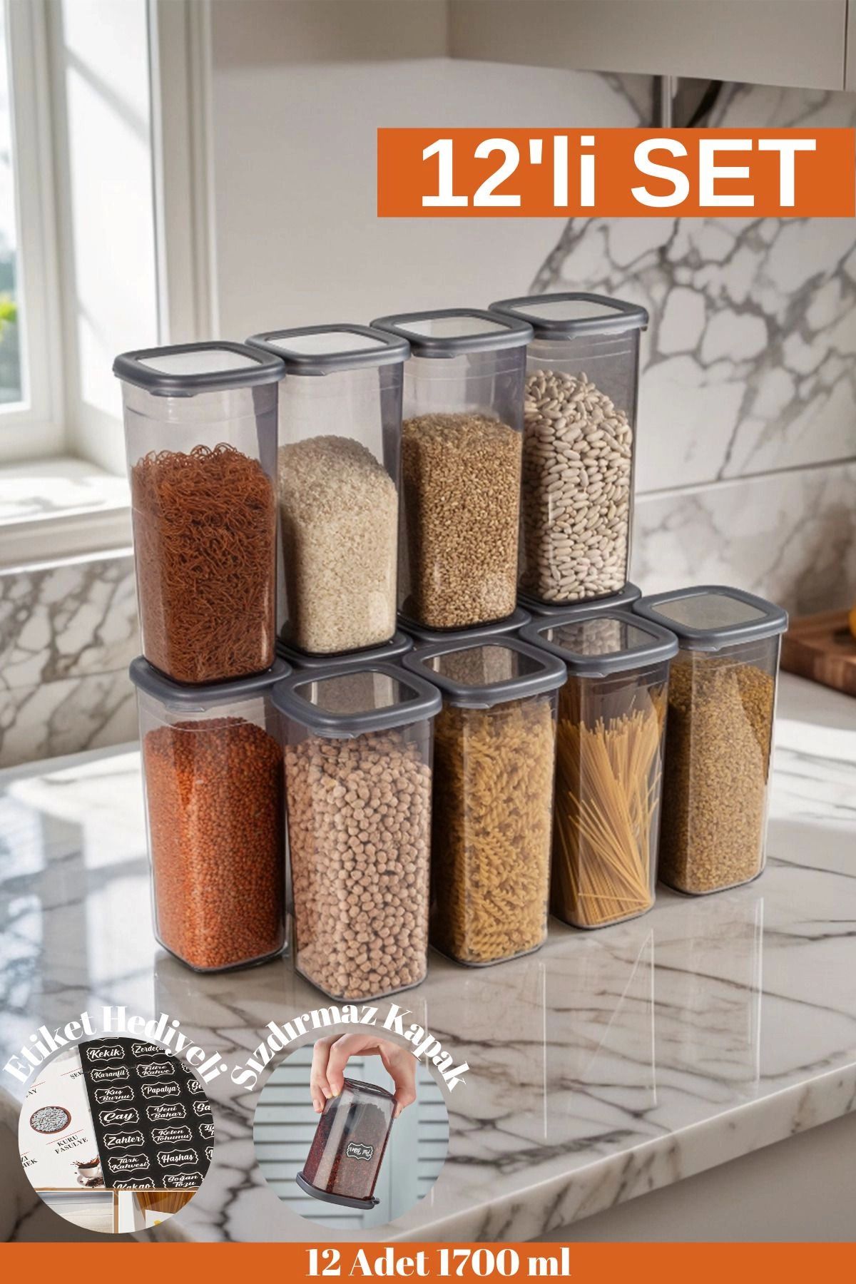 Modafiks 12 Adet 24 Parça Etiketli 1750 ml. Sızdırmaz Kapaklı Kare Erzak Bakliyat Saklama Kabı Seti