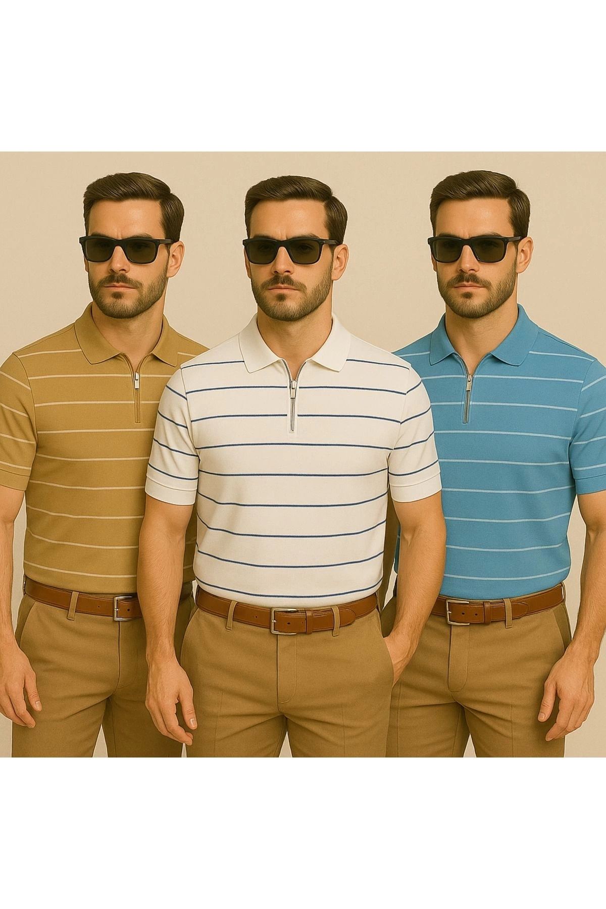 LC Waikiki LCWAIKIKI Yarım Fermuar Triko Yatay Çizgi Desenli Erkek Polo Yaka T-Shirt 3'lü Paket
