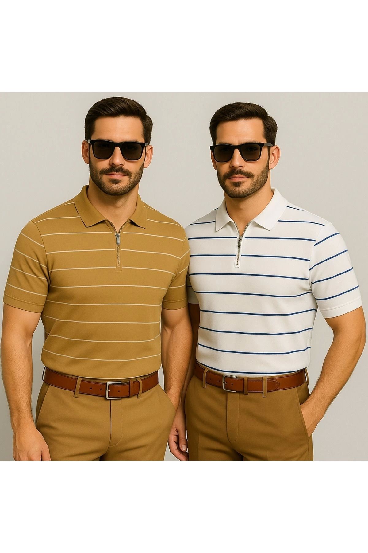 LC Waikiki LCWAIKIKI Yarım Fermuar Triko Yatay Çizgi Desenli Erkek Polo Yaka T-Shirt 2'li Paket