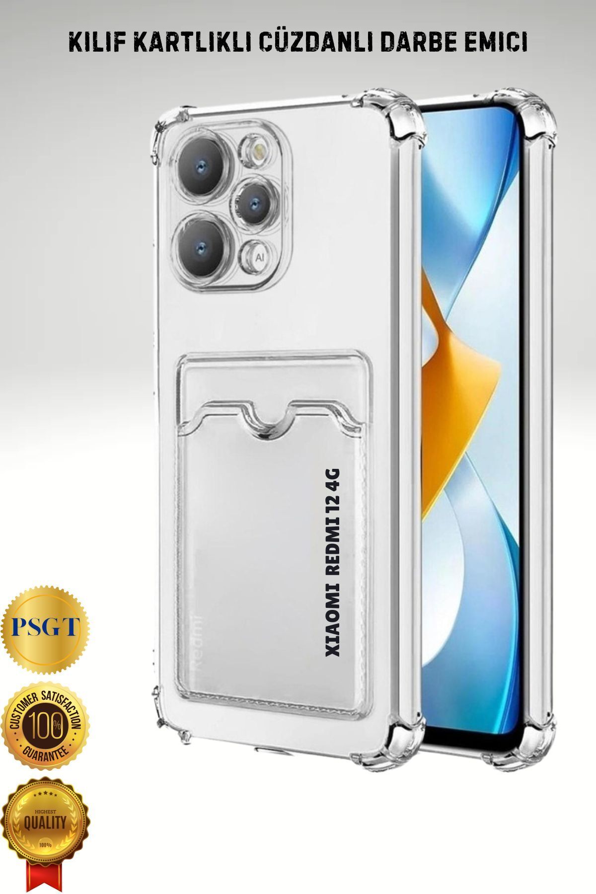 PSGT Xiaomi Redmi 12 4G Uyumlu Kılıf Kamera Koruma Ve Köşe Korumalı Kartlıklı Cüzdanlı Darbe Emici