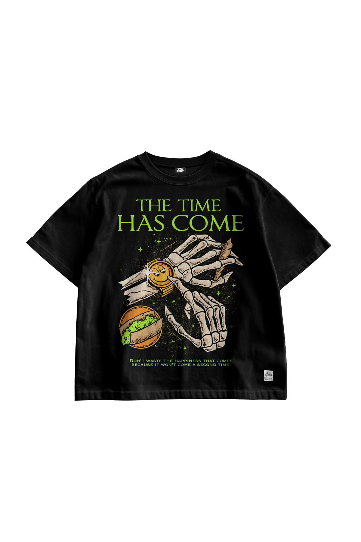 TresMonos The Time Has Come Joy Baskılı Oversize Kısa Kollu Pamuklu Unisex Siyah Tişört