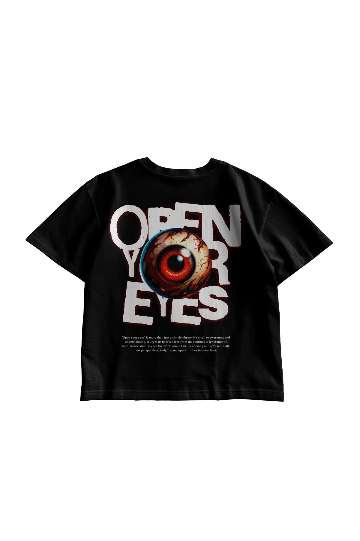 TresMonos Open Your Eyes Baskılı Oversize Kısa Kollu Pamuklu Unisex Siyah Tişört