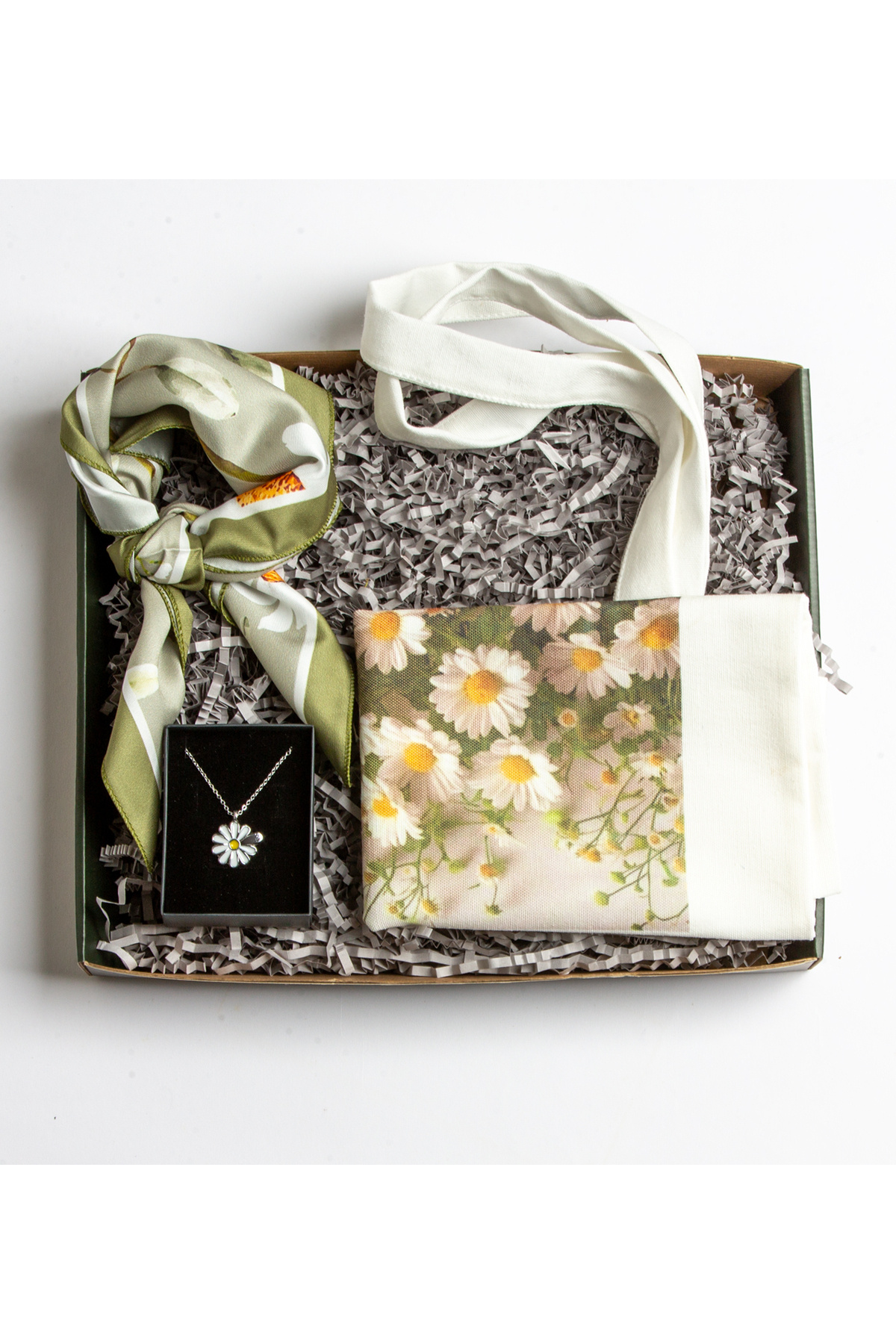 ATÖLYE247 Özel Tasarım Papatya Hediye Seti- Bez Çanta- Papatya Desenli Fular-Papatya Kolye