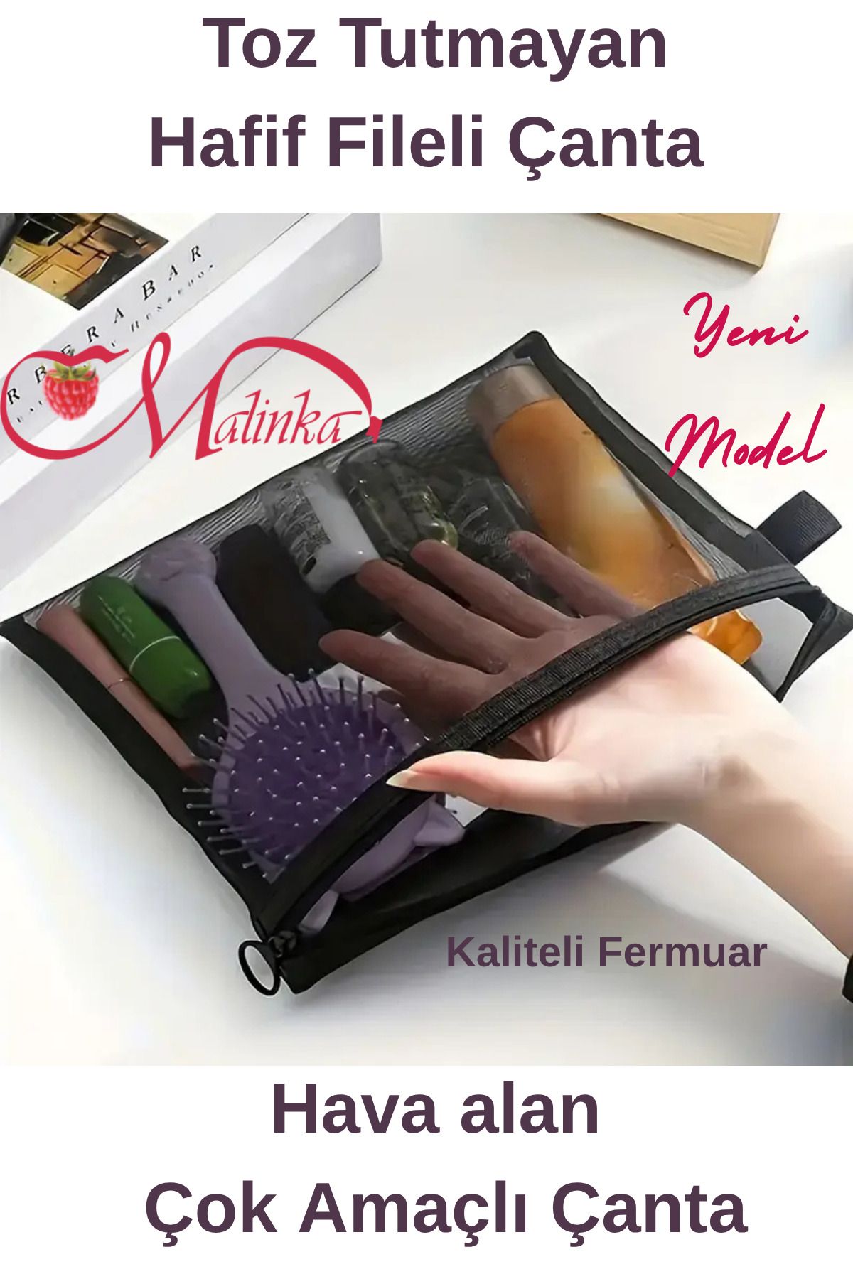 Malinka Hafif Fileli Seyahat Makyaj Bijuteri Para Kozmetik Çantası Yıkanabilir, Fermuarlı Organizer