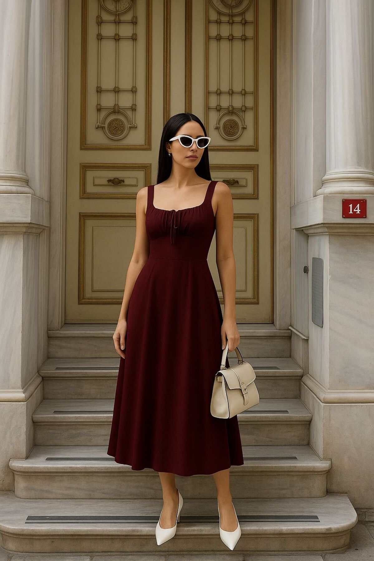 Afiş Butik Bordo Askılı Bağlama Detaylı Uzun Poplin Elbise