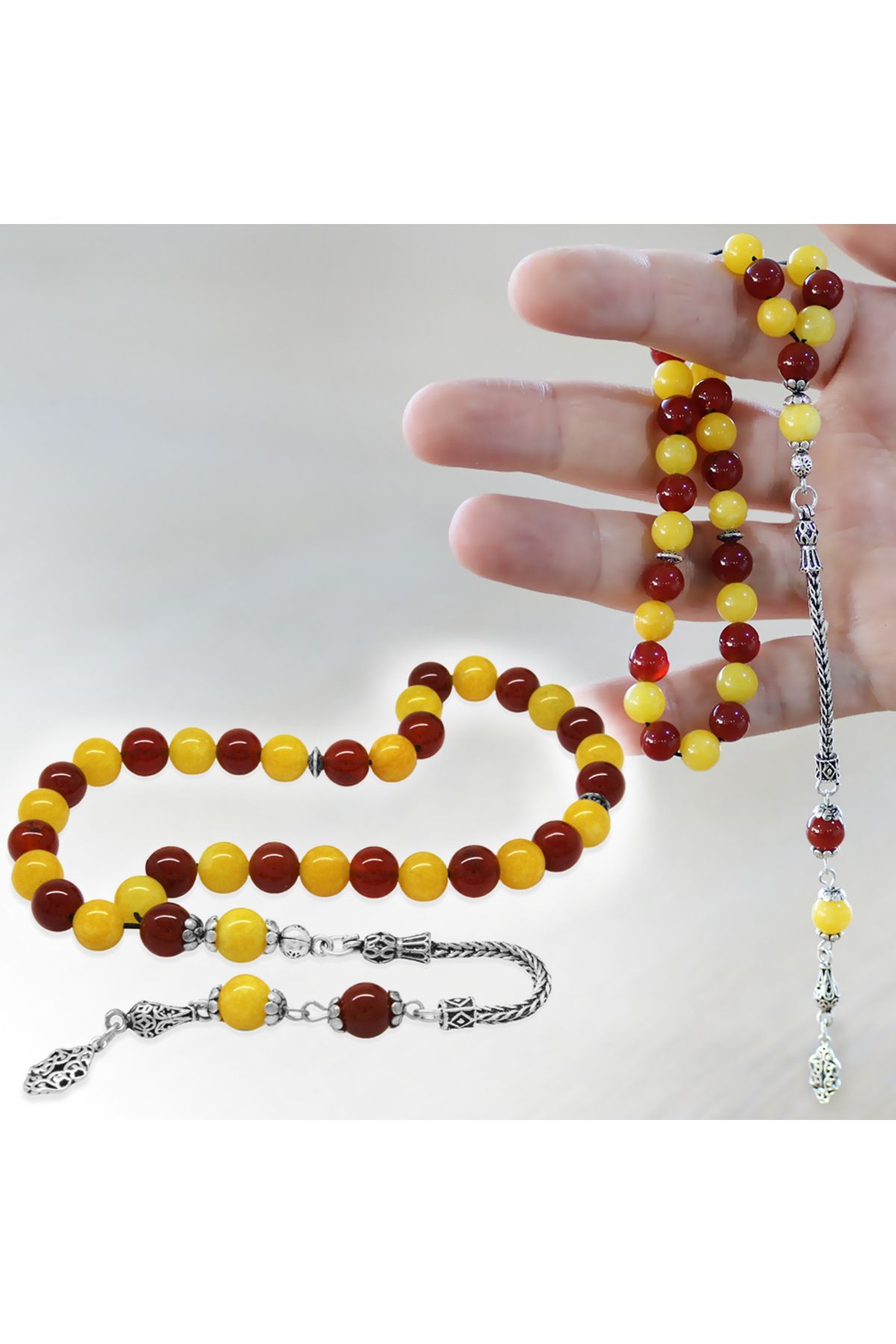 Tesbihane 925 Ayar Gümüş Foxtail Zincir Püsküllü Küre Kesim Sarı Kırmızı Jade Akik Doğaltaş Taraftar Tesbih