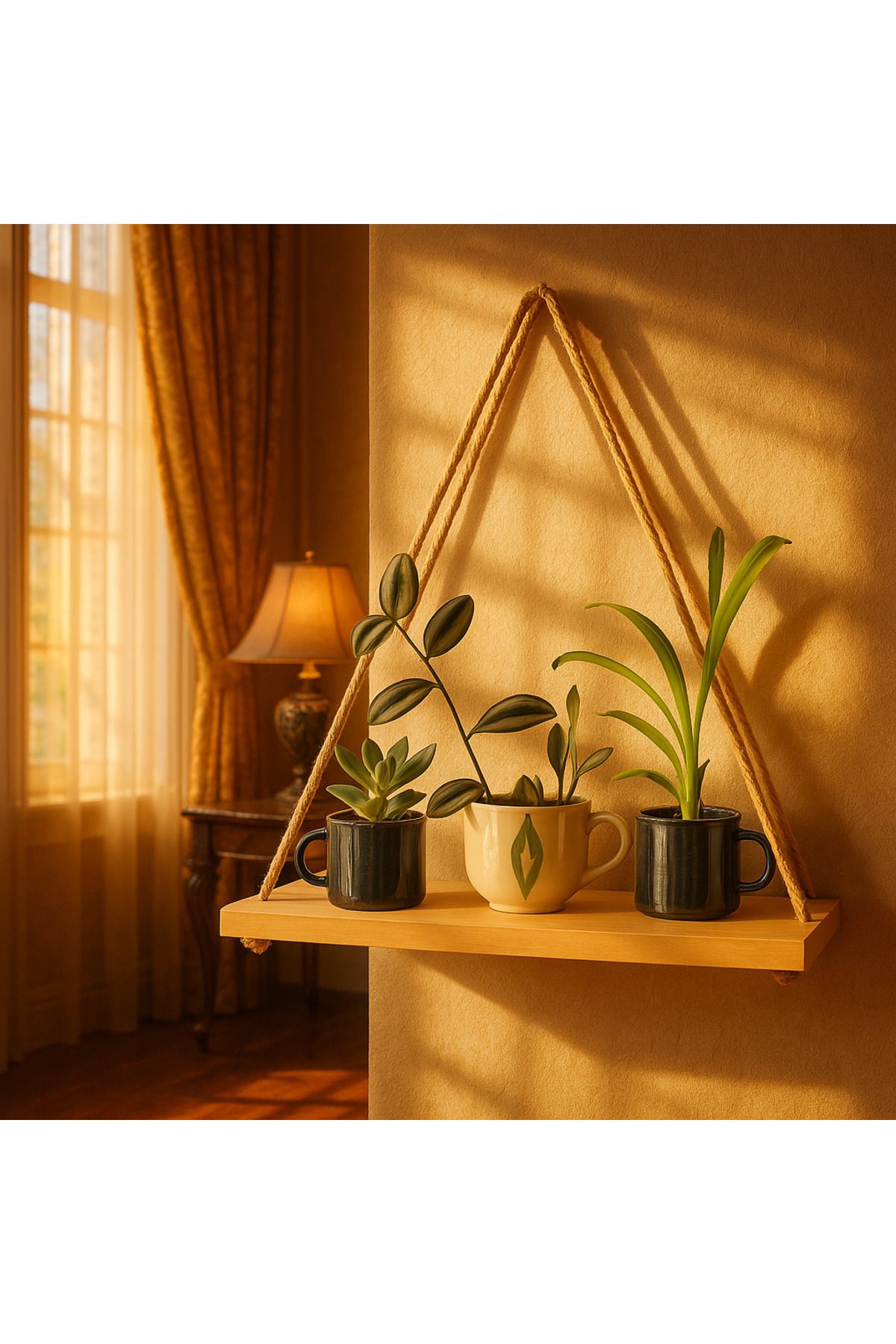 ATÖLYE DÜNYASI Dekoratif Ahşap Halatlı Duvar Rafı Kitaplık & Çiçeklik Uçan Raf 30cm Genişlik X 9cm Derinlik