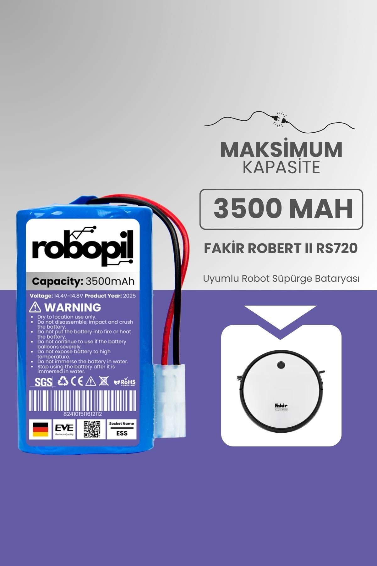 ROBOPİL Fakir Robert Iı Rs720 Uyumlu Batarya (MAKSİMUM KAPASİTE) 3500mah Robot Süpürge Bataryası