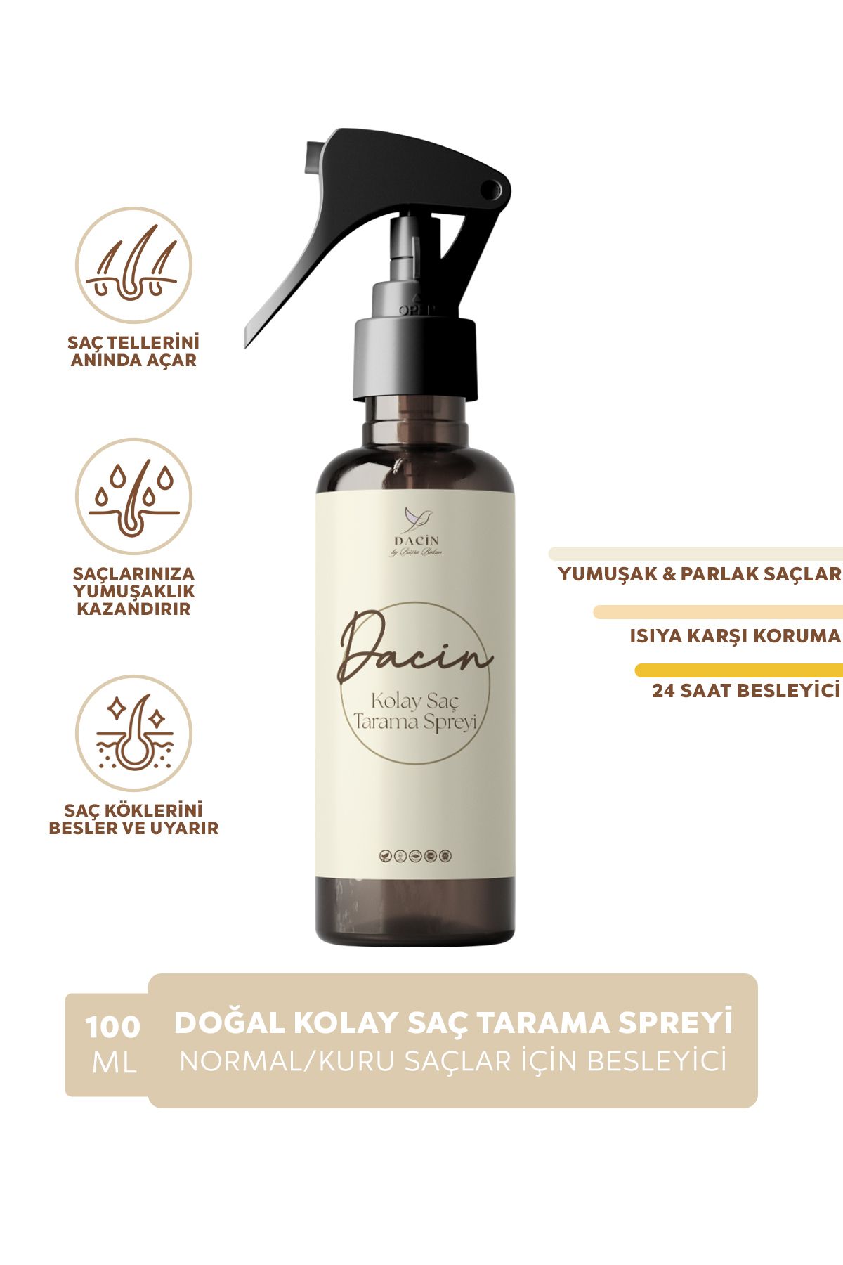 Dacin by Büşra Bakan %100 Doğal Kolay Saç Tarama Spreyi | Saç Açıcı, Yumuşatıcı ve Besleyici 100 ml