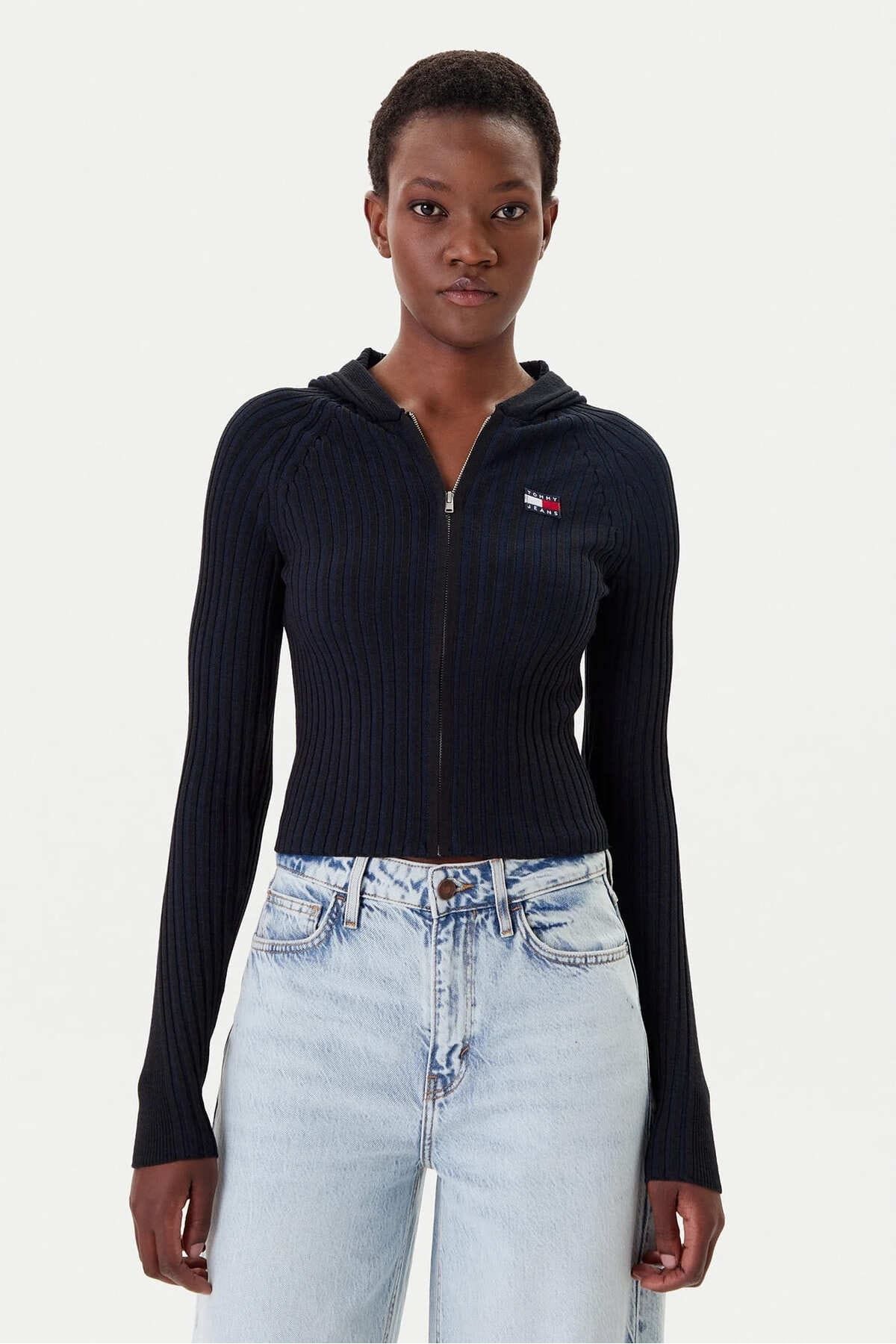 Tommy Hilfiger Kadın Zipper Cardigan Kapüşonlu Hırka - Siyah
