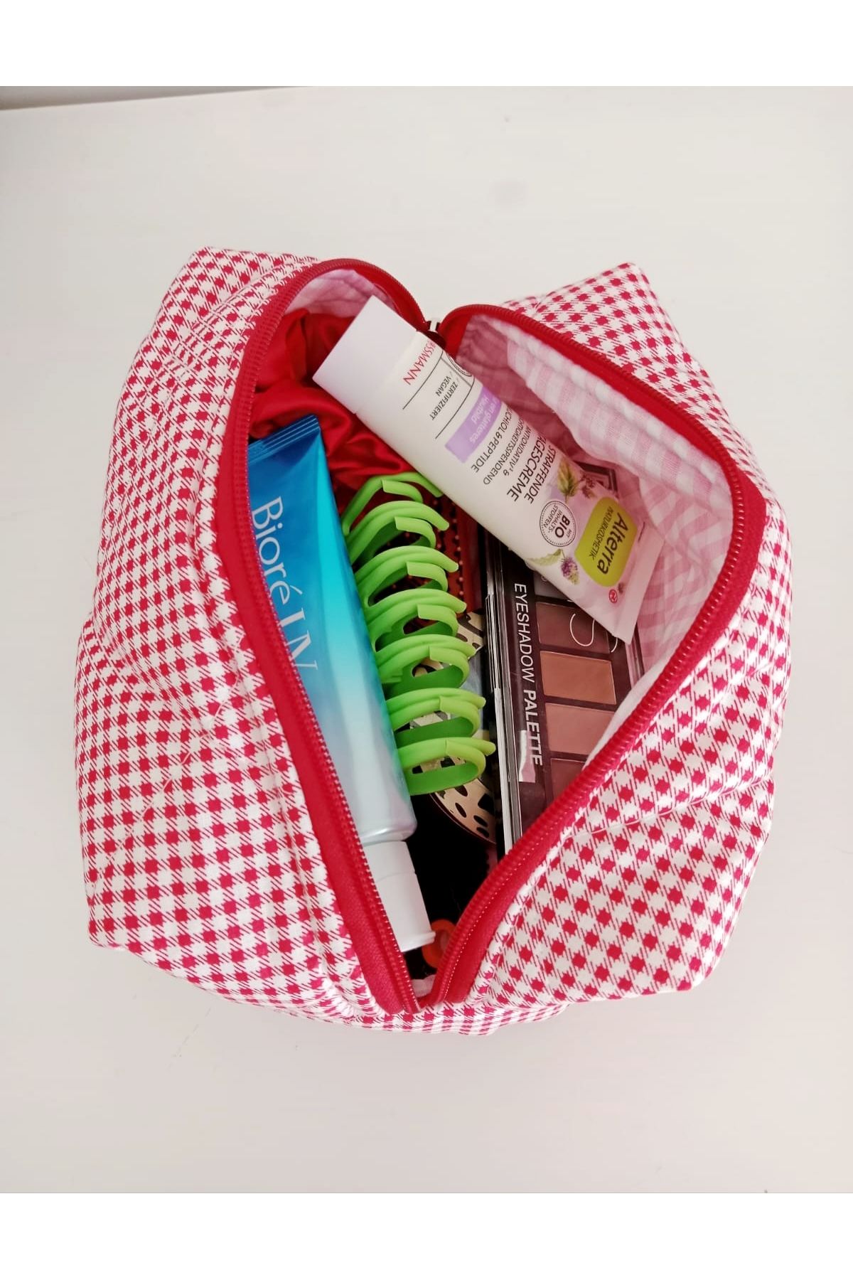 Mufincollection Kırmızı Beyaz Ekose - Pamuklu Makyaj Çantası – 20x10 cm