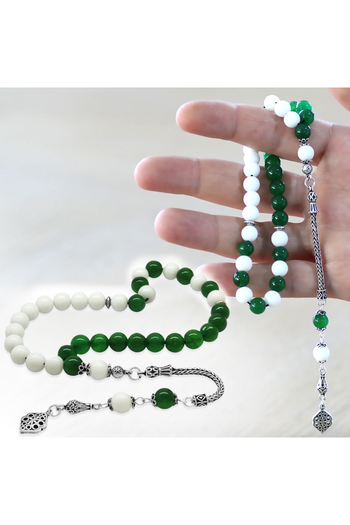 Tesbihane 925 Ayar Gümüş Püsküllü Küre Kesim Yeşil Beyaz Jade Doğaltaş Taraftar Tesbih