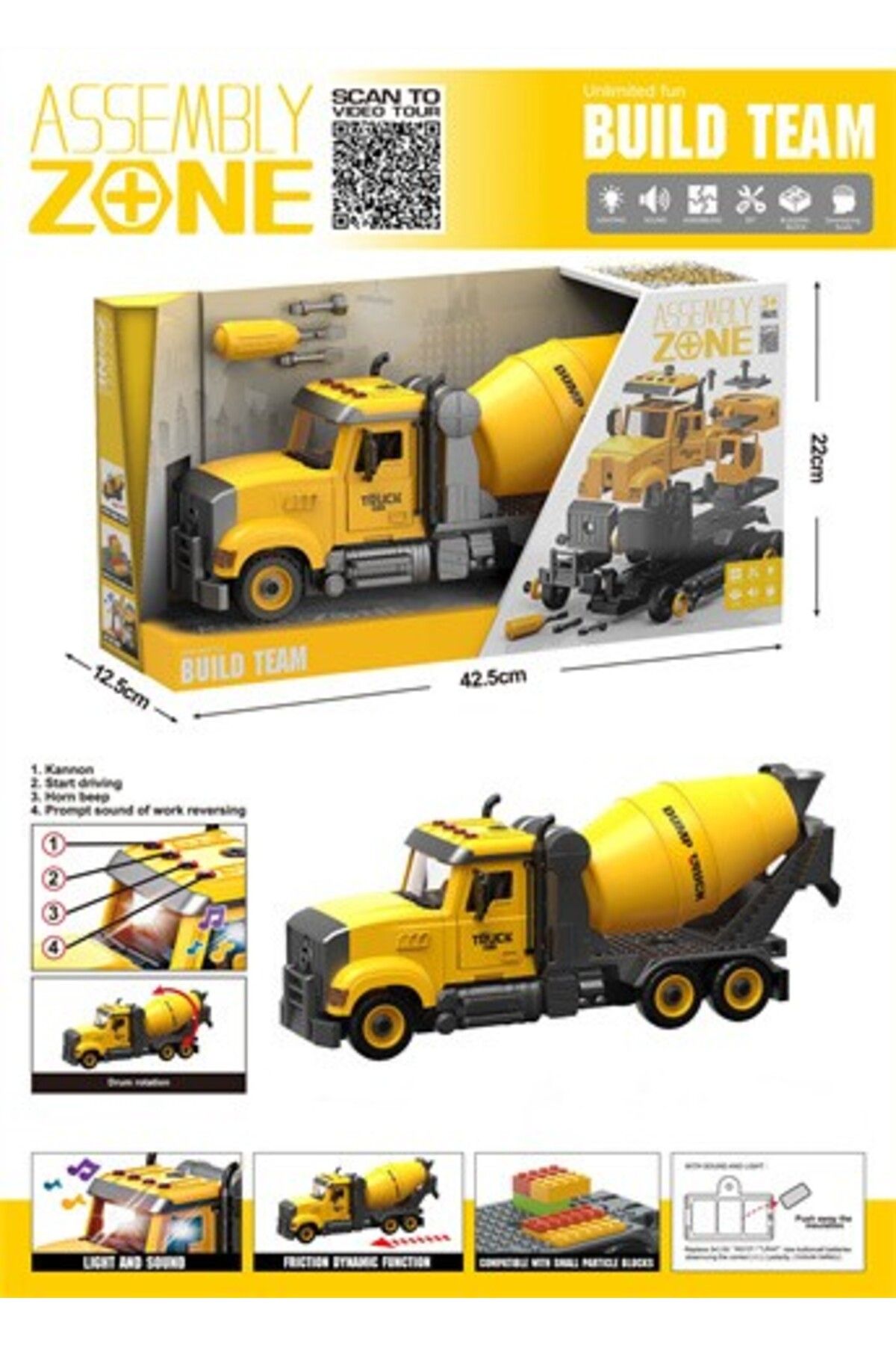 Farbu Oyuncak Sesli Işıklı Pilli Sök Tak İş Makineneleri Kamyon Beton Mikseri YW9075C