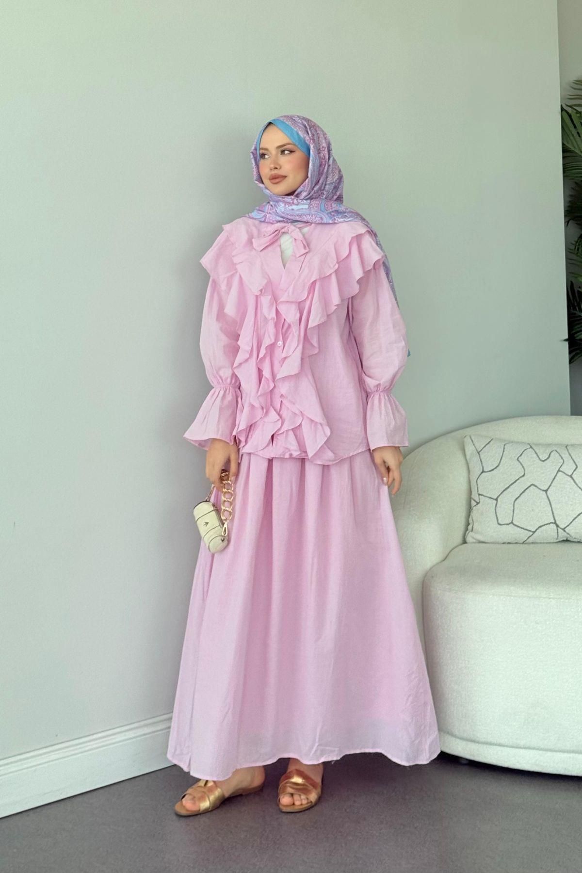 HAZA MODA Çeşme Fırfırlı Takım Pembe