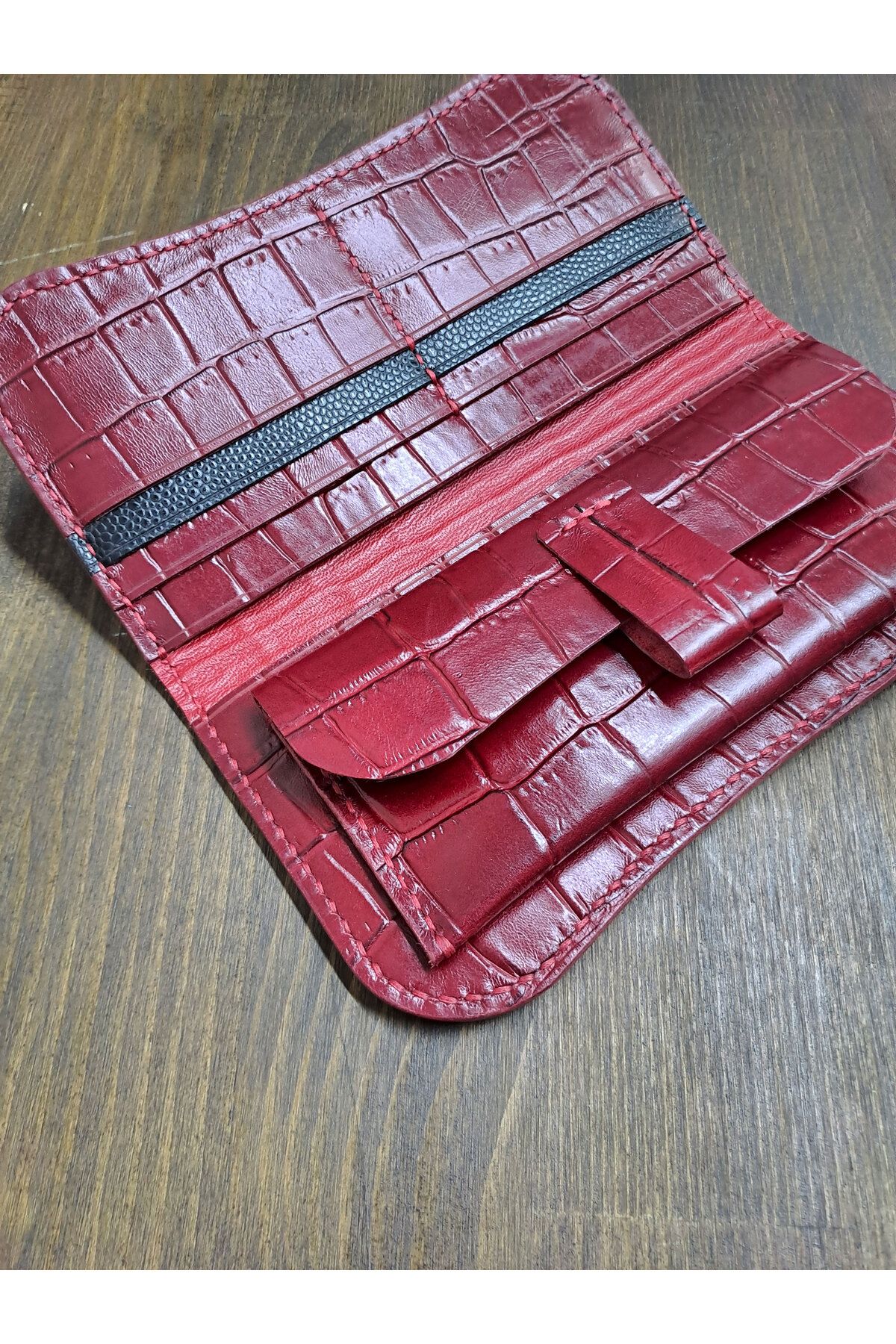 heyecanleather El Yapımı Gerçek Deri Premium Kadın Kırmızı Krok Cüzdan