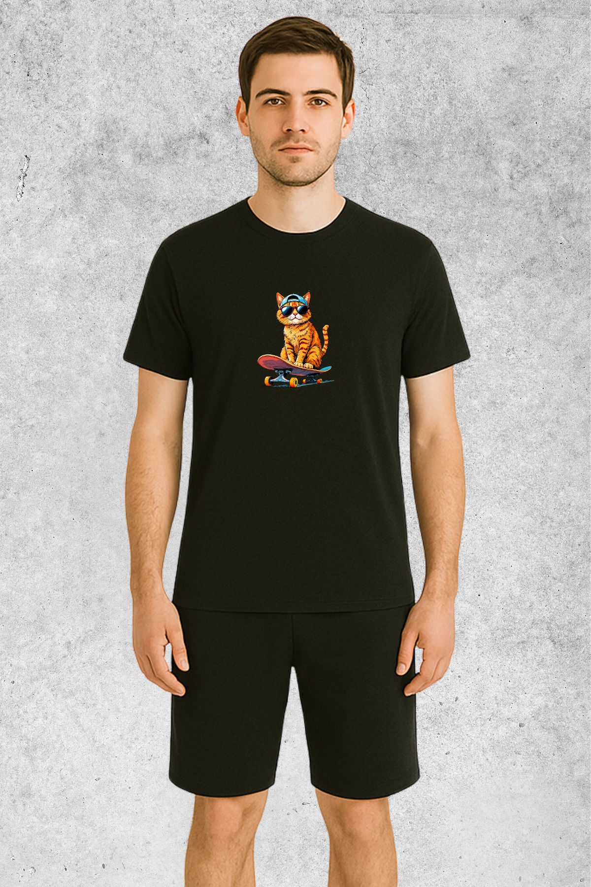 MOLICO Basic unisex sıfır yaka kısa kollu KAYKAYLI KEDİ BASKILI TSHİRT