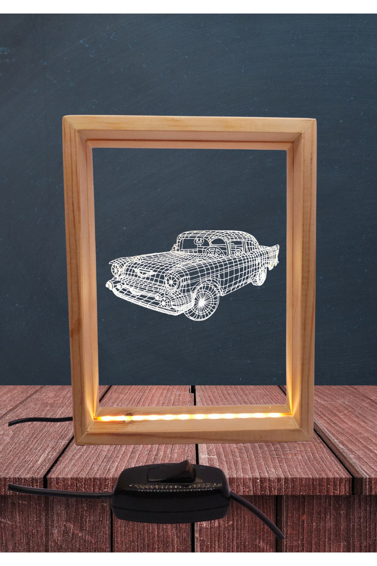 Tasarımistan Çift Taraflı Led Aydınlatmalı Doğal Ahşap Fotoğraf Çerçevesi 16x21 Cm Klasik Araba Model