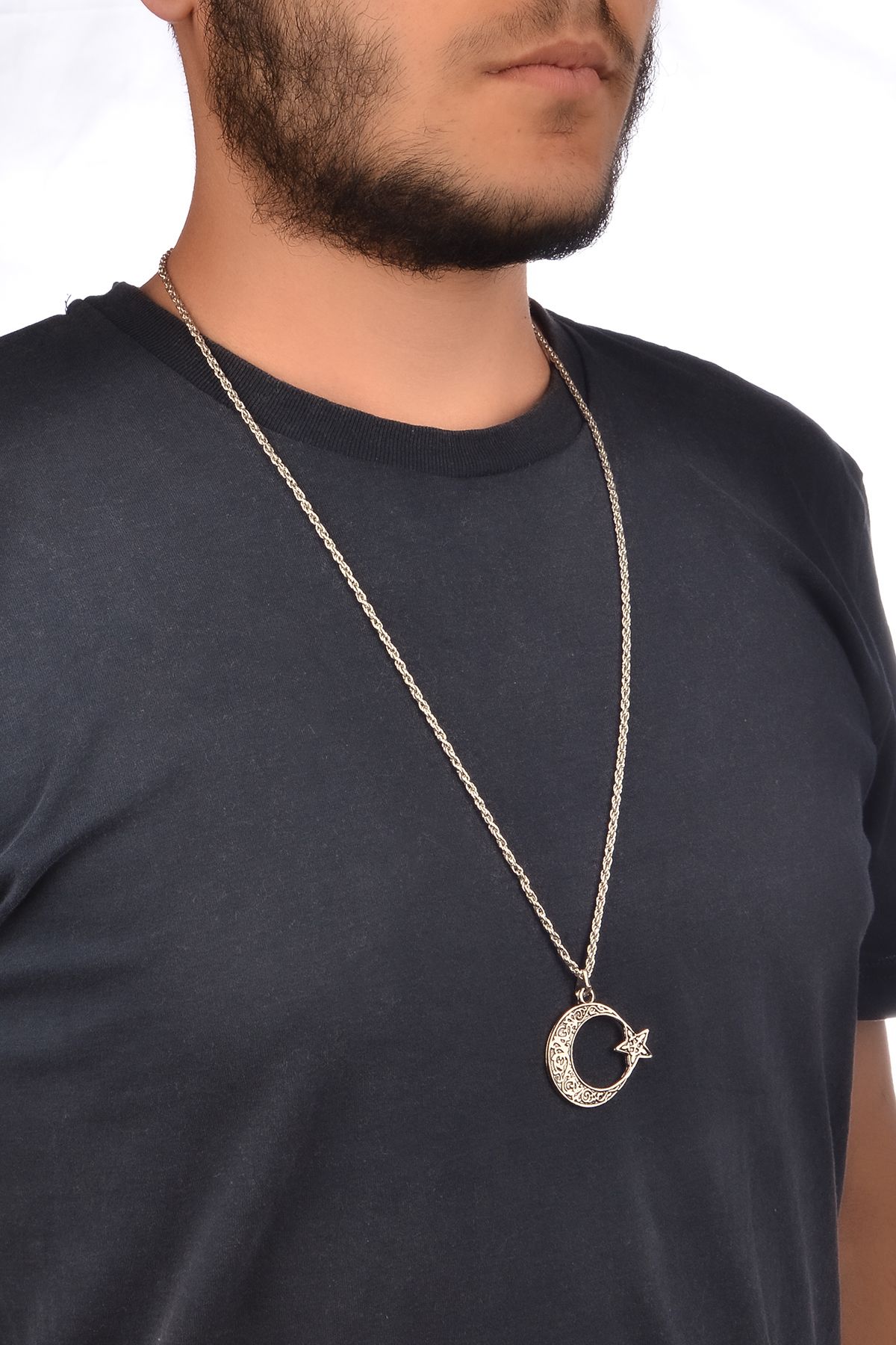 HOBİSY GIFT SHOP Erkekler İçin Ay Yıldız Çelik Kolye – Özgün ve Anlamlı Tasarım | Çelik Zircir Kordon 62 cm