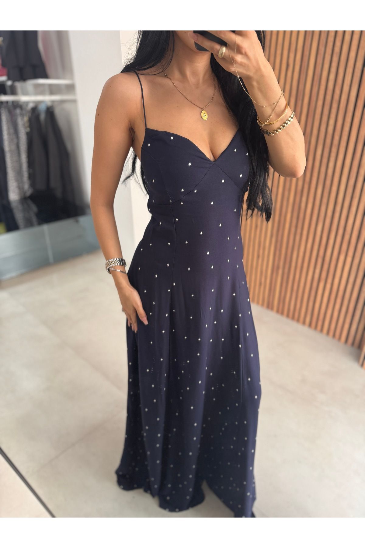 OKSOCOLLECTİON Lacivert Puantiyeli Askılı Uzun Yazlık Elbise