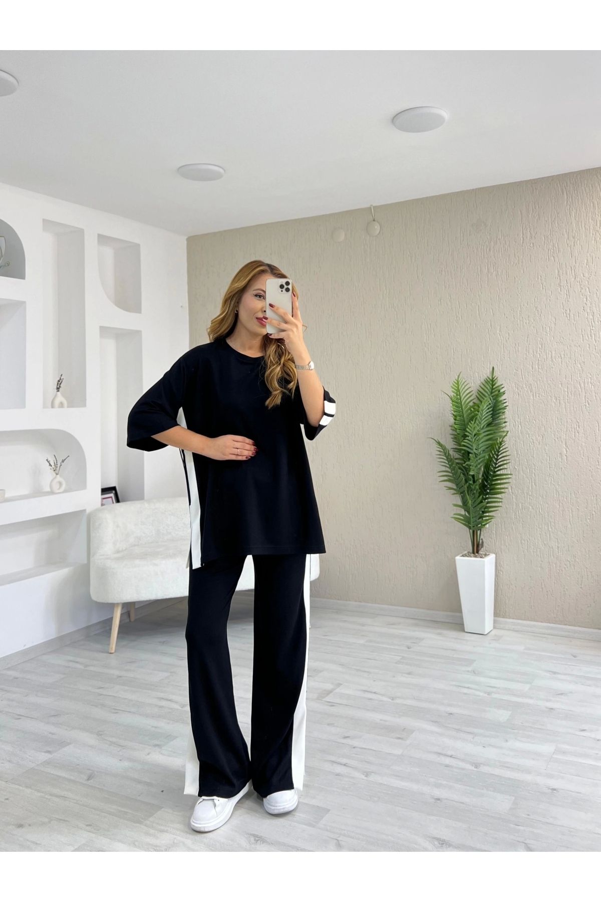 İrka Moda Modal Yan Şeritli Tişört Pantolon Takım Siyah