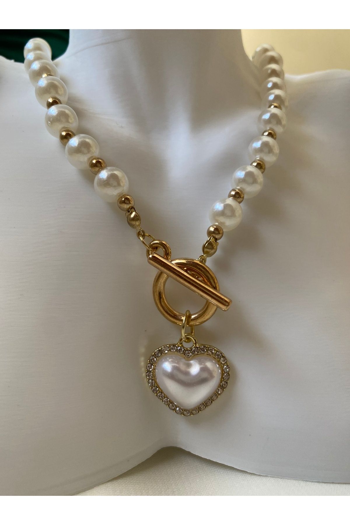 asem jewelry T-BAR KİLİTLİ İNCİ VE ZİRKON TAŞLI KALP KOLYE