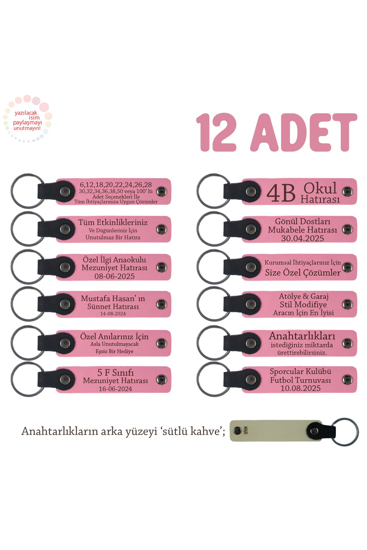 Miaju Pembe & S Kahve, Düğün Gününüze Anı, 12'li Set, Üzerine İsim Yazılı Özel Deri Anahtarlık Hediyesi