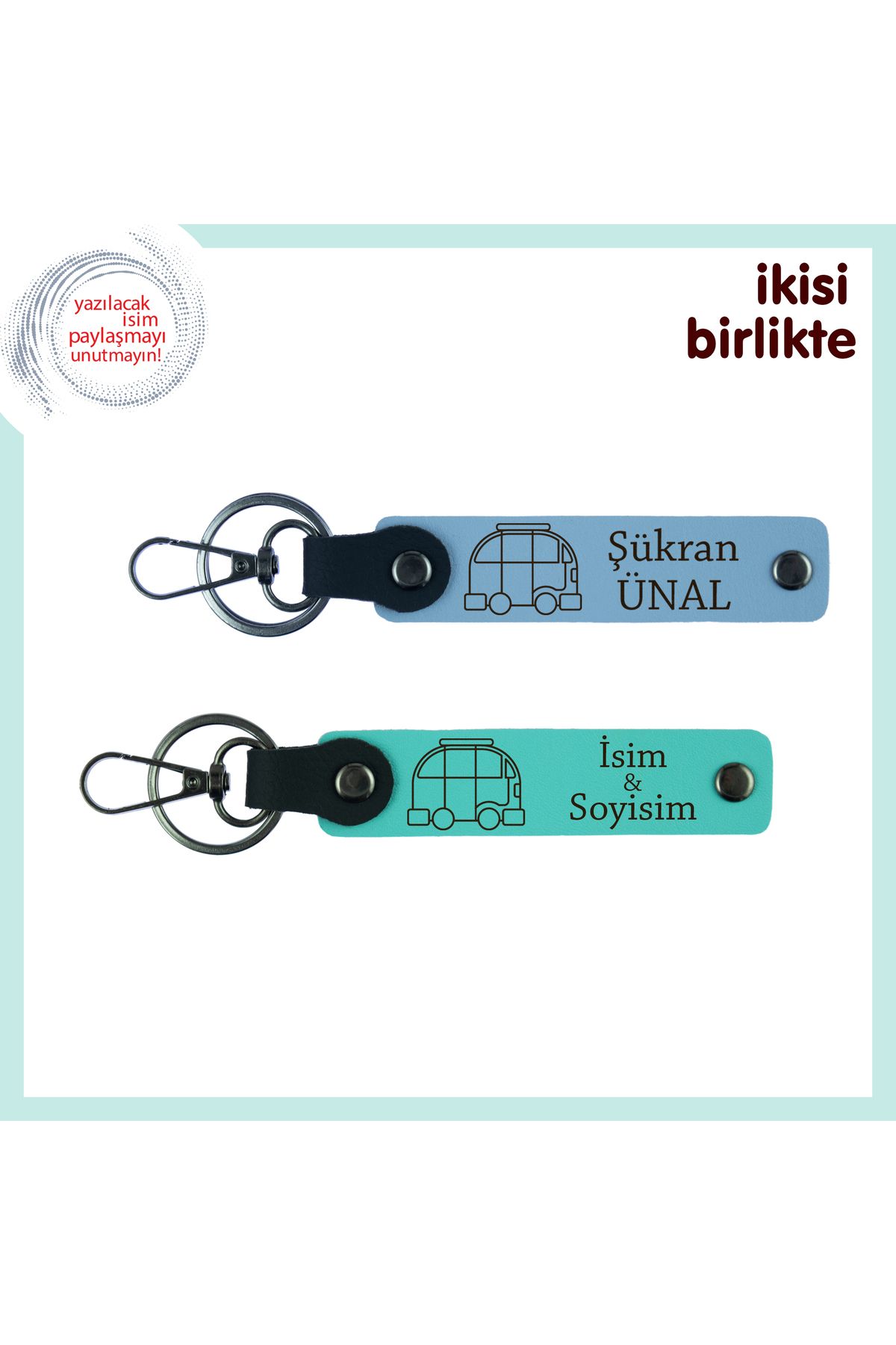 Miaju Kamp Alanında Başlayan Dostluklara, Kişiye Özel Karavan Figürlü Anahtarlık, Gök Mavi-Turkuaz