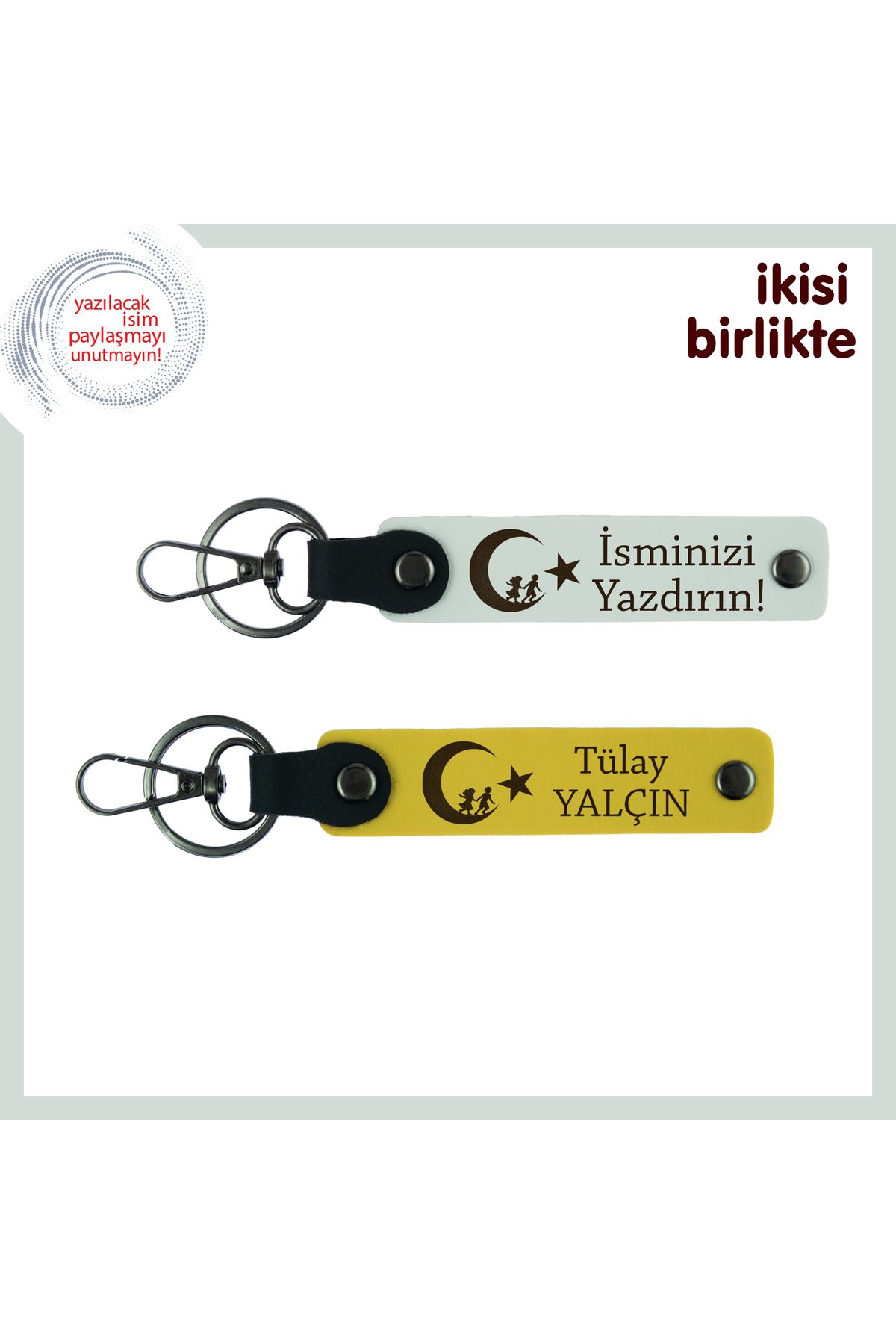 Miaju Asker Adayına Veda Hediyesi – Çocuk Ve Ayyıldız, İsme Özel 2’li Anahtarlık Seti, Beyaz-Sarı