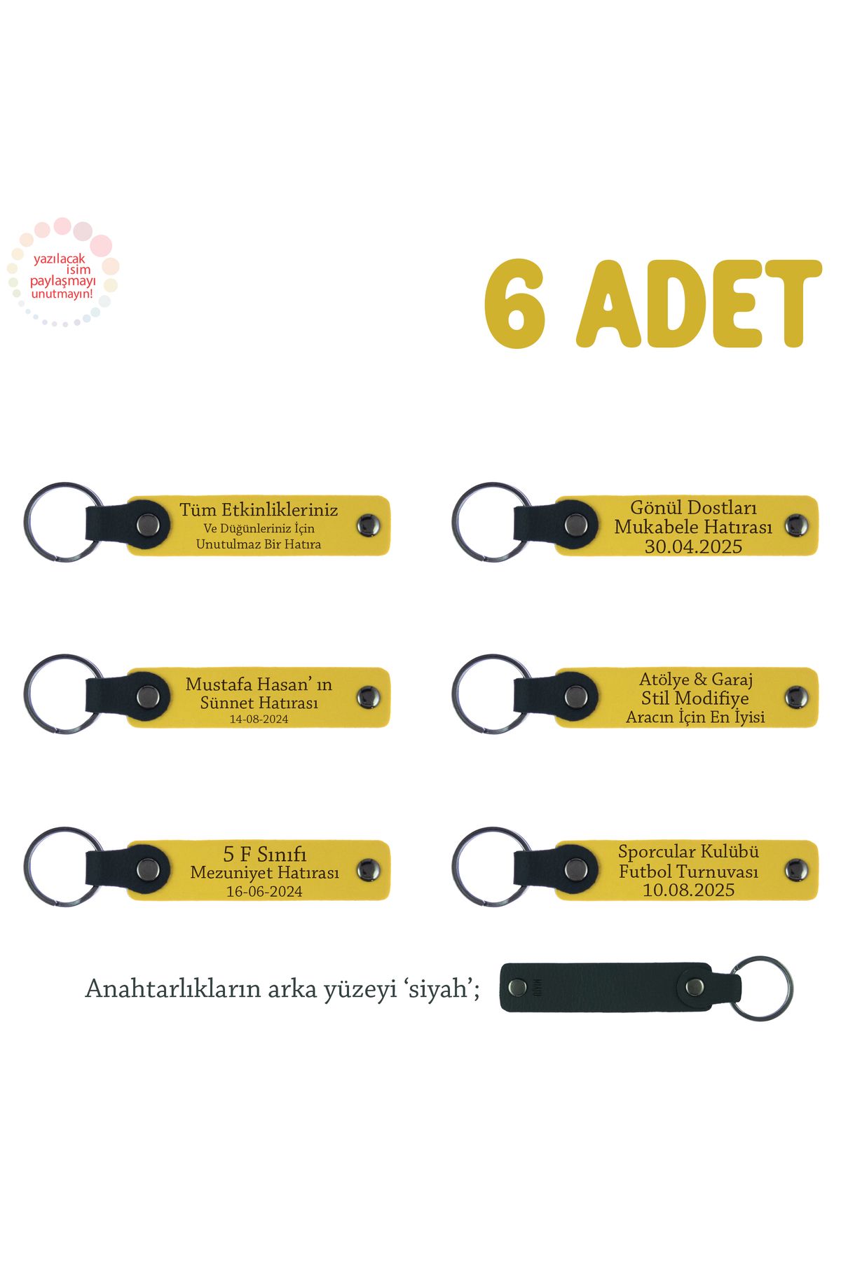 Miaju Sarı & Siyah, Butik Mağazanızın Tüm Müşterilerine, 6’lı Set, Kişiye Özel Yazılı Deri Anahtarlık