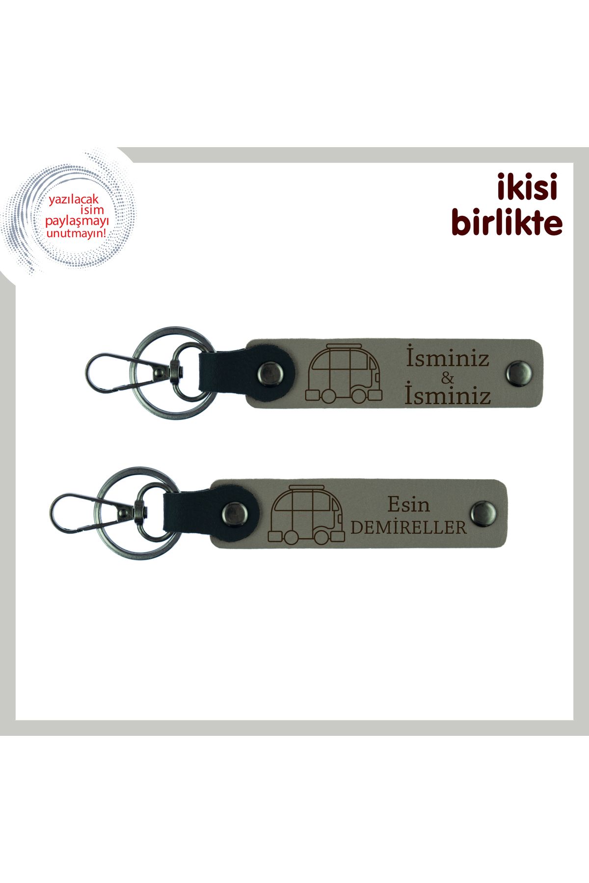 Miaju Yollarda Paylaşılan Hikâyelere, Karavan Motifli Deri Anahtarlık Seti, İsim Yazılı, Kül Gri-Kül Gri