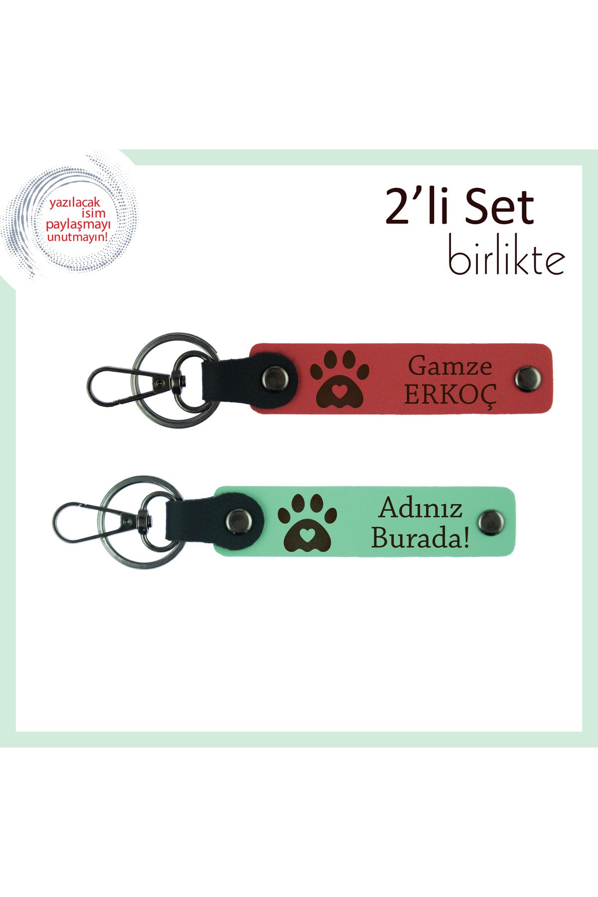 Miaju Hayvan Sevgisiyle Hazırlanan 2'li Set, Kalpli Pati Figürlü Kişisel Deri Anahtarlık, Nar-Açık Yeşil