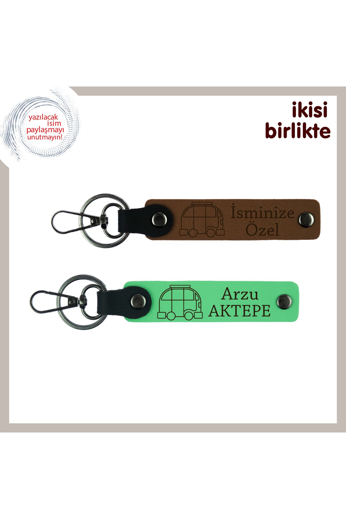 Miaju Yol Arkadaşınla Paylaşacağın Hatıra, Karavan Motifli Anahtarlık x2’li, İsim Yazılı, A Kahve-F Yeşil