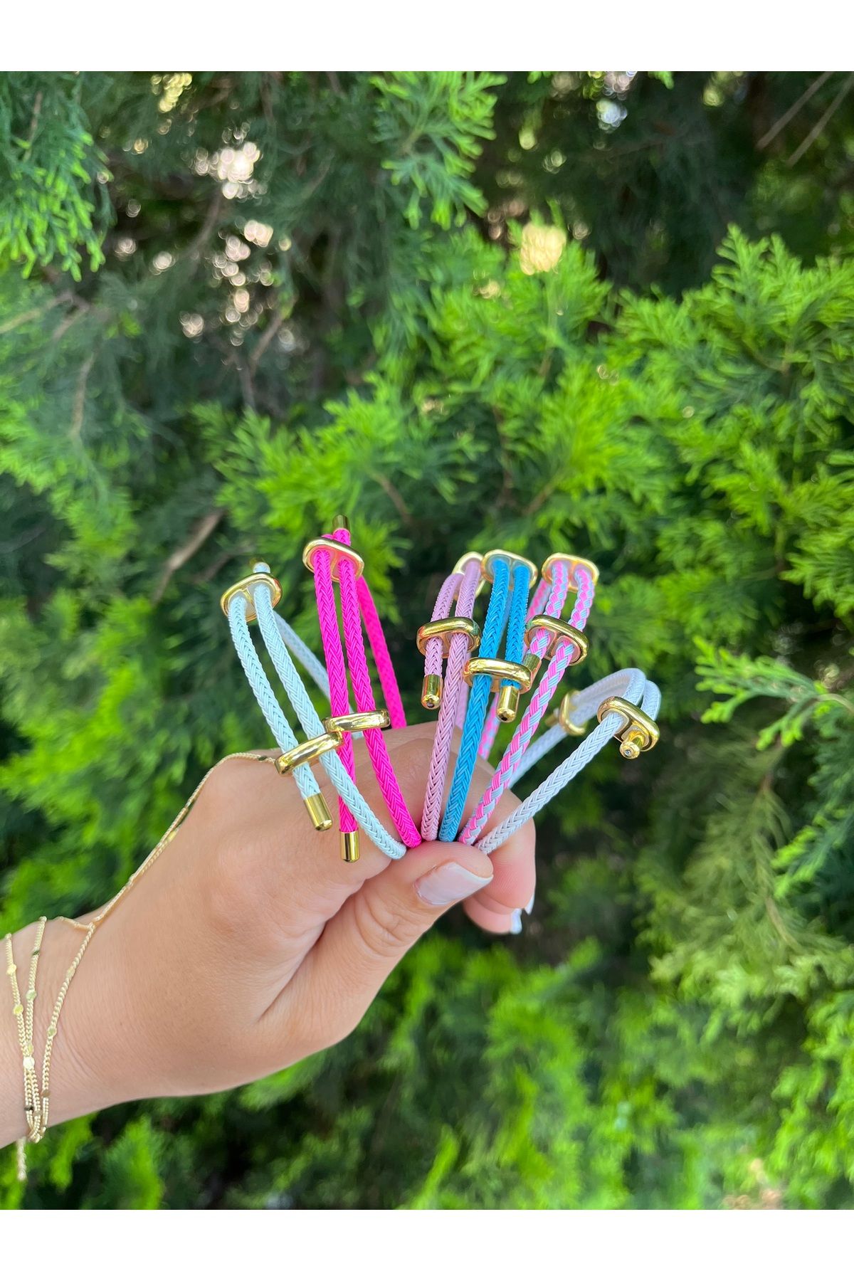 nergis collection Kadın Çelik Su Yeşili Pembe Ayarlanabilir İp Bileklik