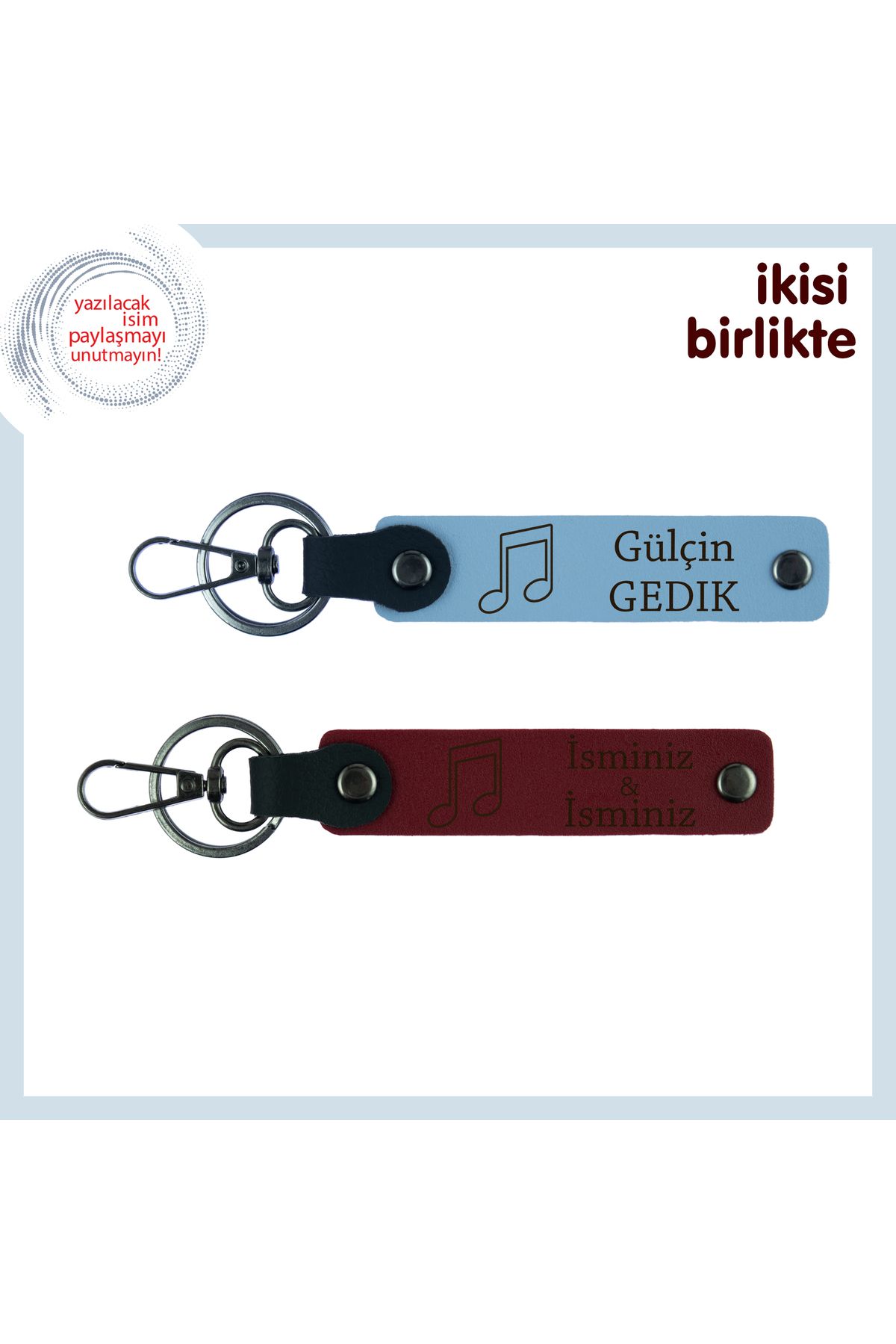 Miaju Sevgilinle Paylaştığın Şarkıya Kalıcı Dokunuş, Notalı Deri Anahtarlık Takımı, Gök Mavi-Bordo