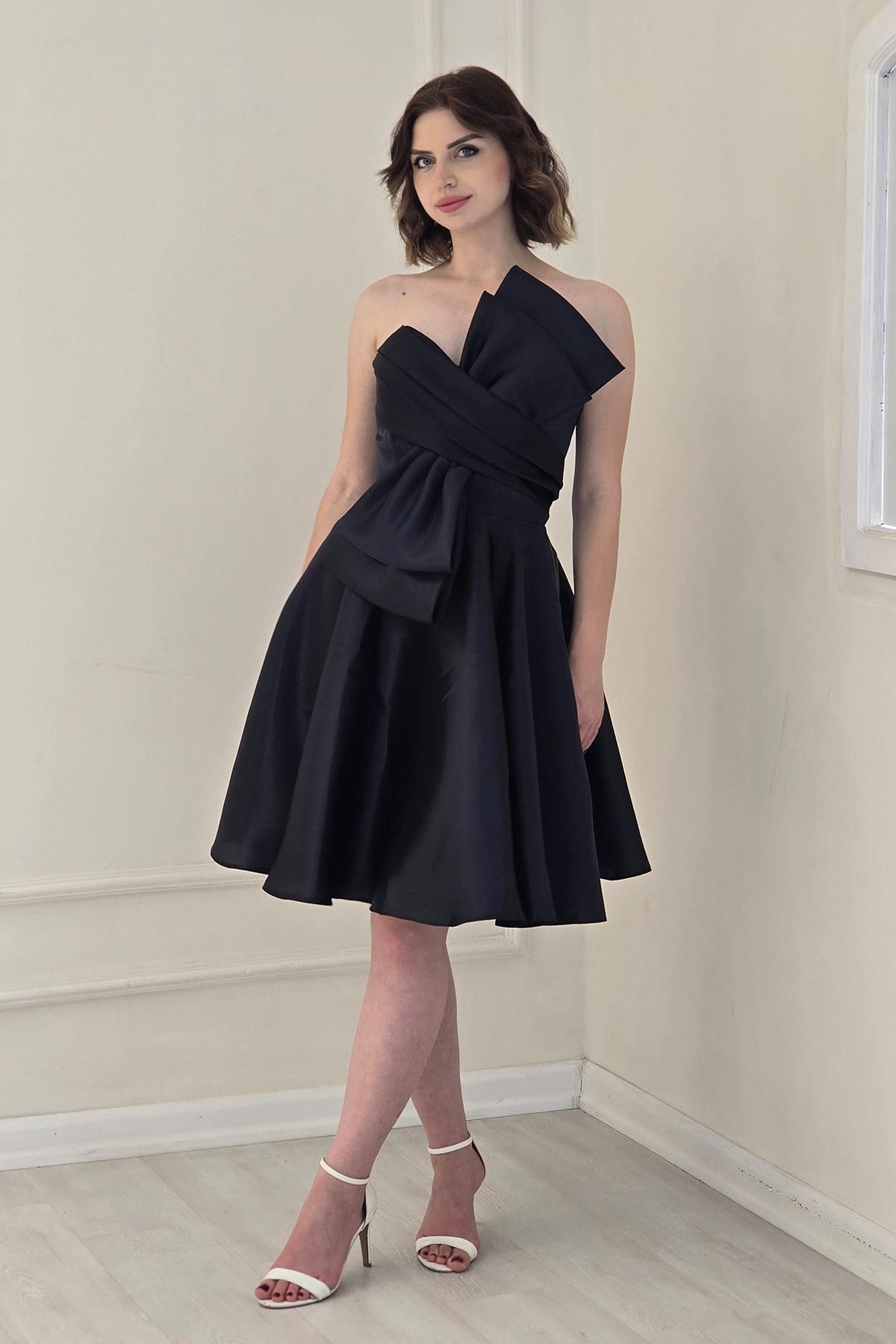 Yonca Moda Evi Siyah Kısa Fiyonklu Abiye 7005
