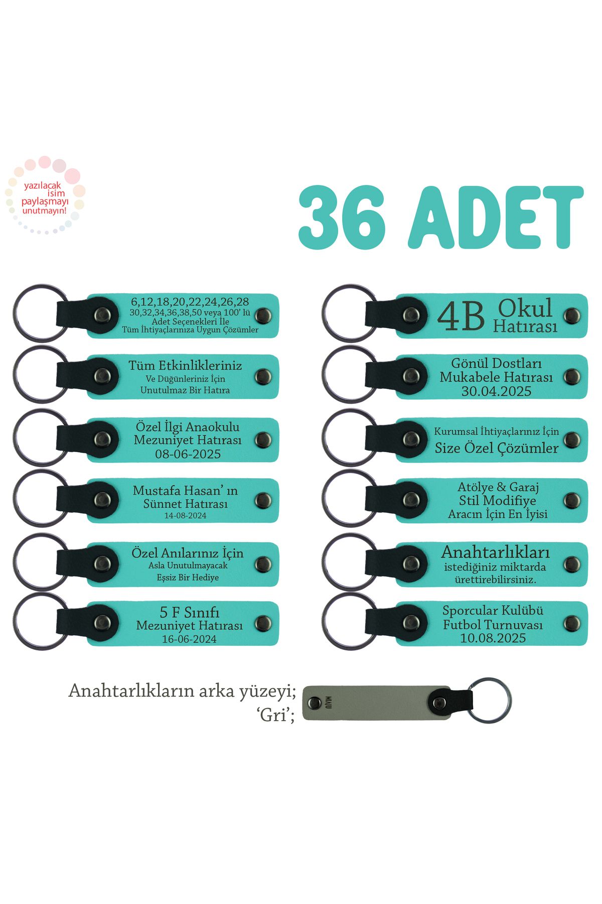 Miaju Baby Shower İçin Kişiselleştirilmiş İsimli Anı Anahtarlık 36’lı Set, Misafir Hediyesi, Turkuaz & Gri