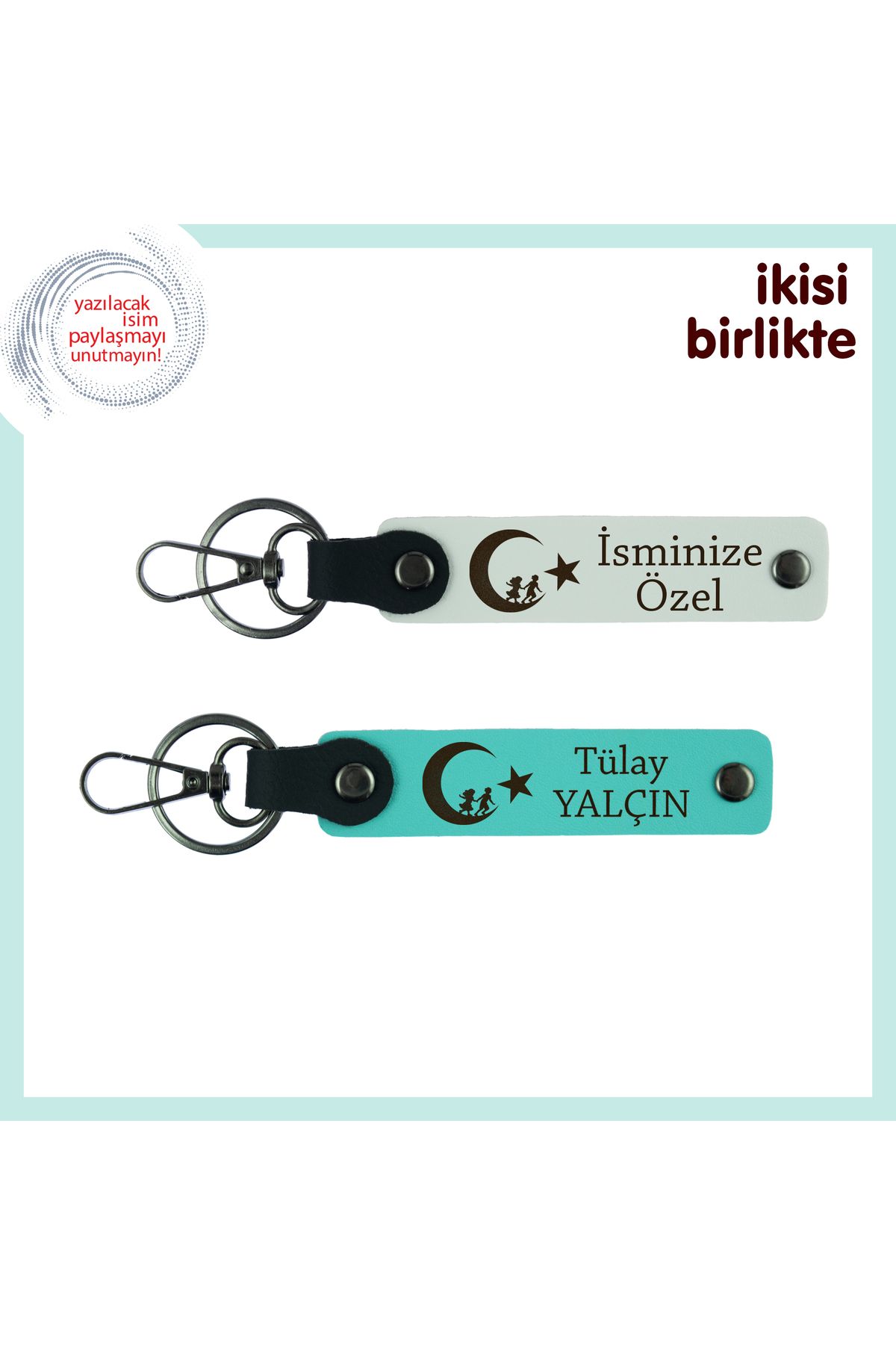 Miaju Milli Ruhlu Hediye – Çocuk Ve Ayyıldız ve Kişiye Özel Anahtarlık Takımı 2li, Beyaz-Turkuaz