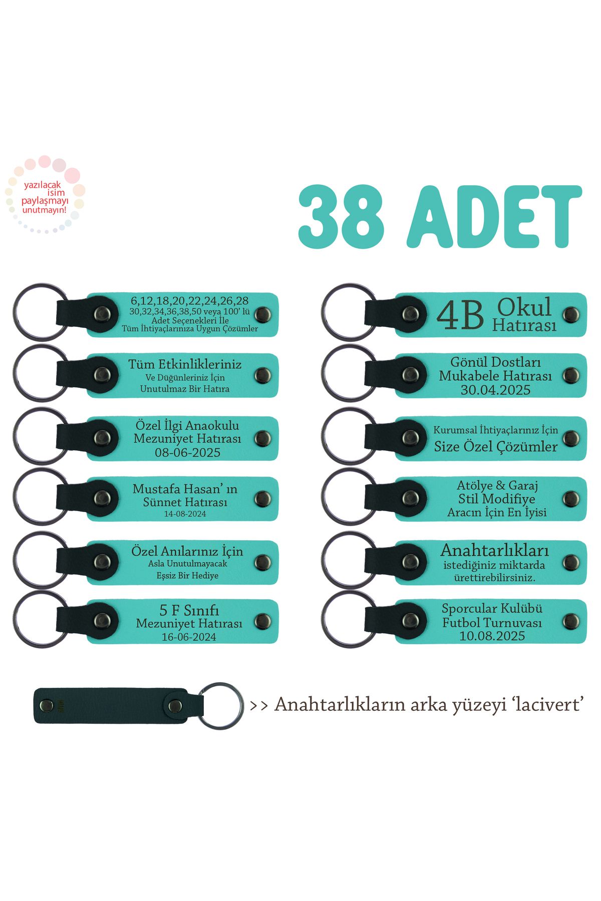 Miaju Davete Katılanlara Hediye Edilecek, 38'li Set, Üzerine İsim Yazılan Deri Anahtarlık, Turkuaz & Laci