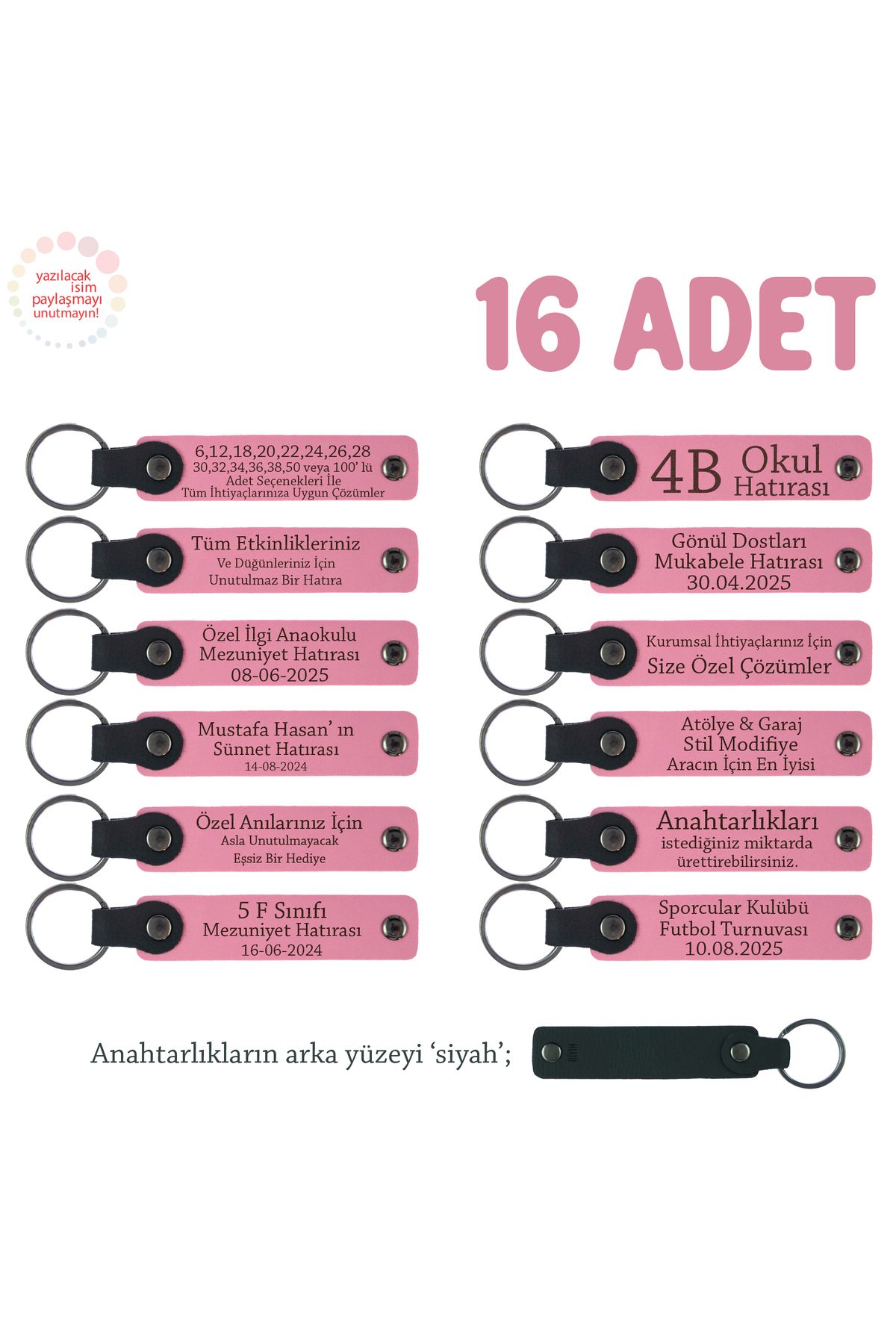 Miaju Pembe & Siyah, Anaokulu Yıl Sonu Hediyesi, 16'lı Set, Öğrenci İsmi Yazılı Öğretmene Özel Anahtarlık