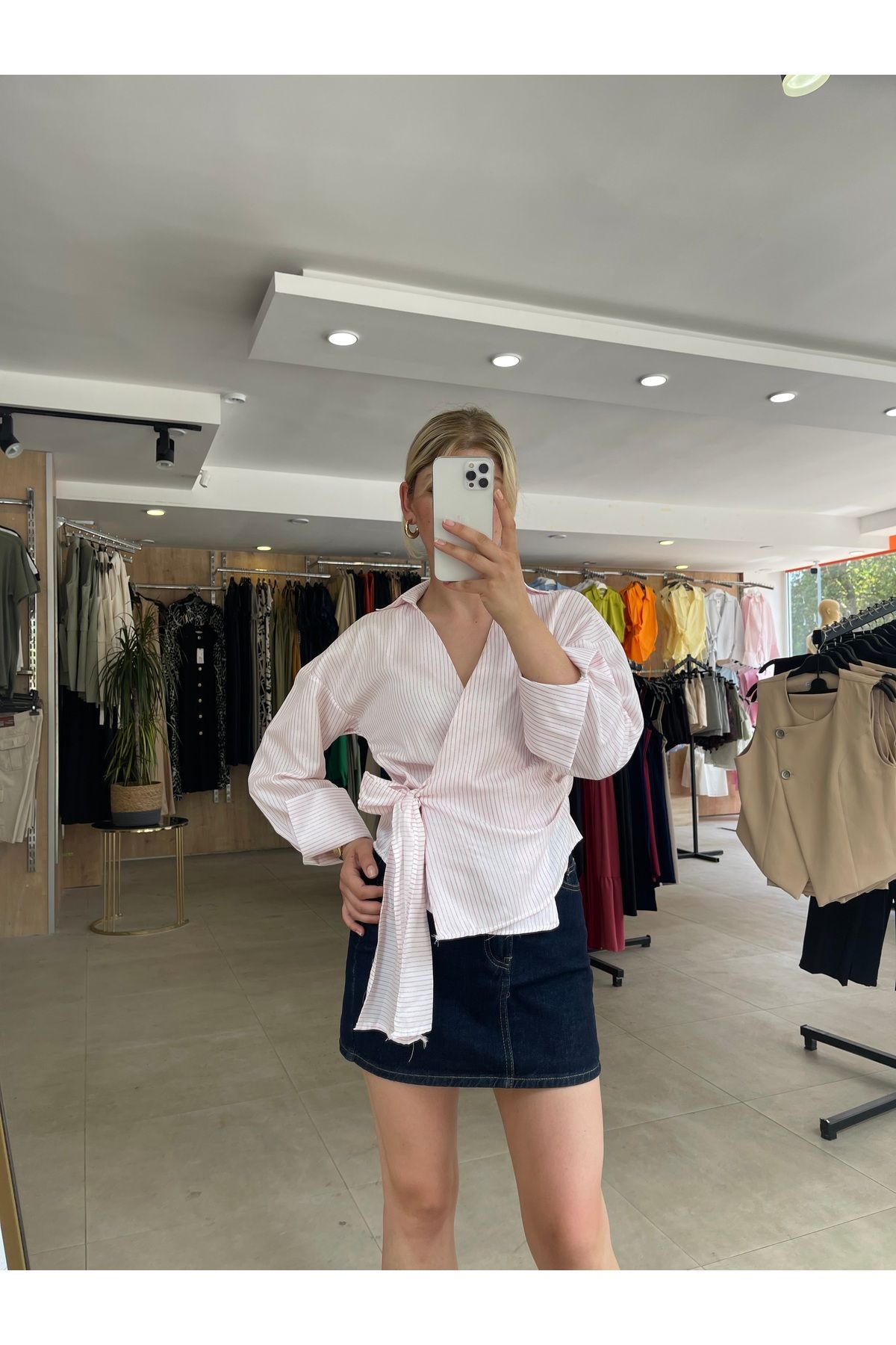 MORENA BUTİK Simli çizgili poplin kumaş gömlek