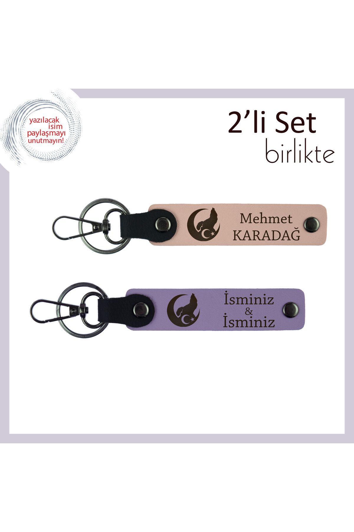 Miaju En Zarif Hediye – Bozkurt Ve Ayyıldız Desenli Kişisel İsimli Anahtarlık Set x2, Yavru Ağzı-Mor