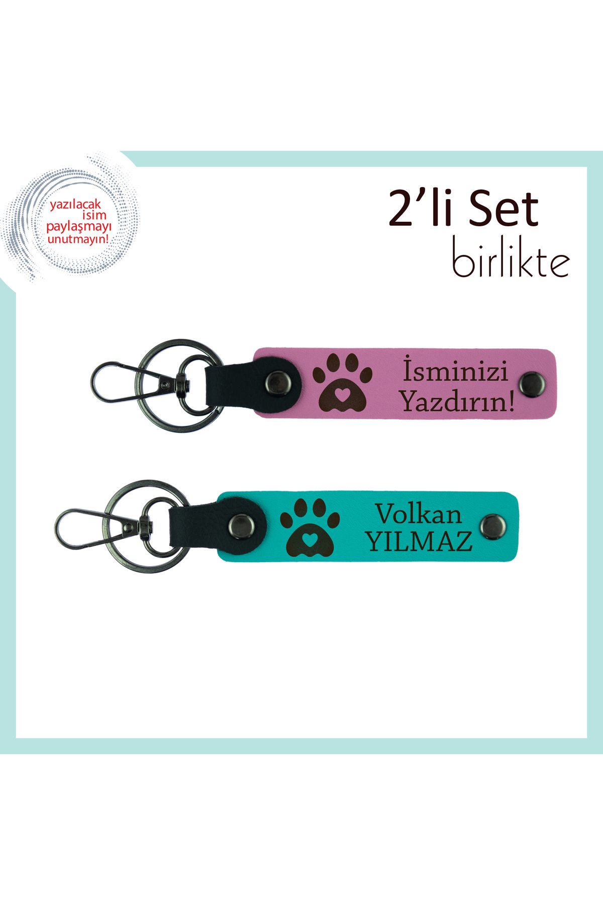 Miaju Hayvan Sevgisini Yansıtan Deri Set, Kalpli Pati Motifiyle Kişiye Özel Tasarım, Pembe-Koyu Turkuaz