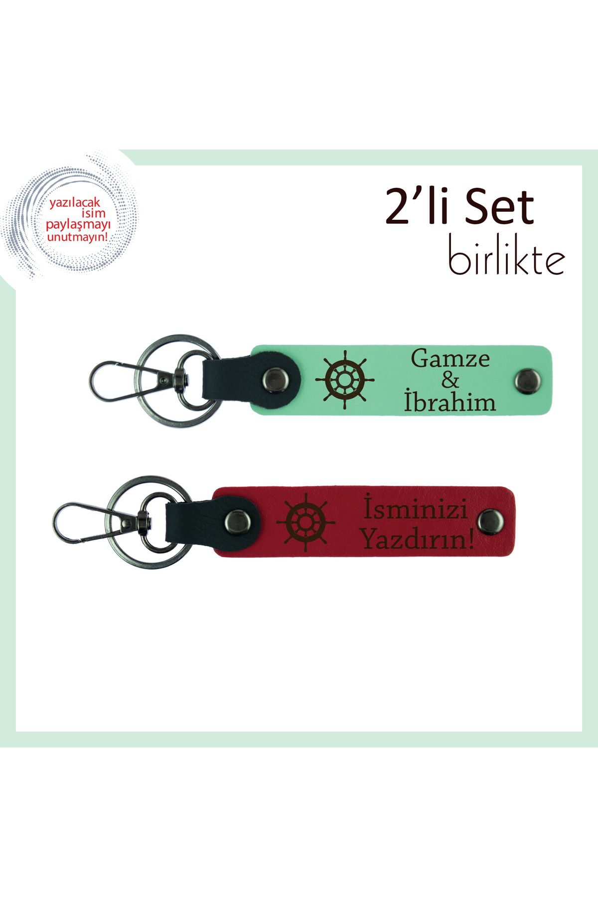Miaju Hediyelik Gemi Dümeni Temalı Deri Anahtarlık Takımı, Kişiselleştirilebilir, Açık Yeşil-Kırmızı