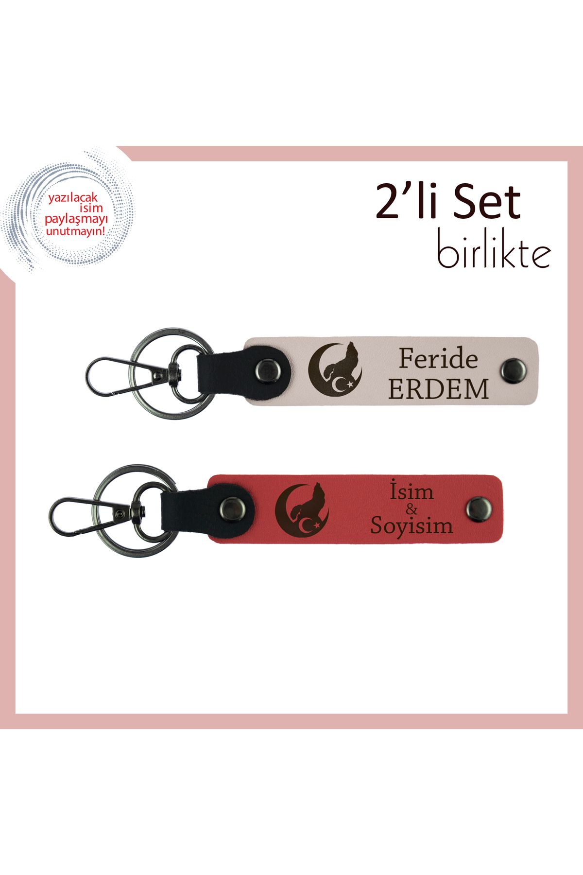 Miaju Eşe Özel Gün Hediyesi, Bozkurt Ve Ayyıldız Kişiselleştirilebilir Anahtarlık, Pudra-Nar Çiçeği
