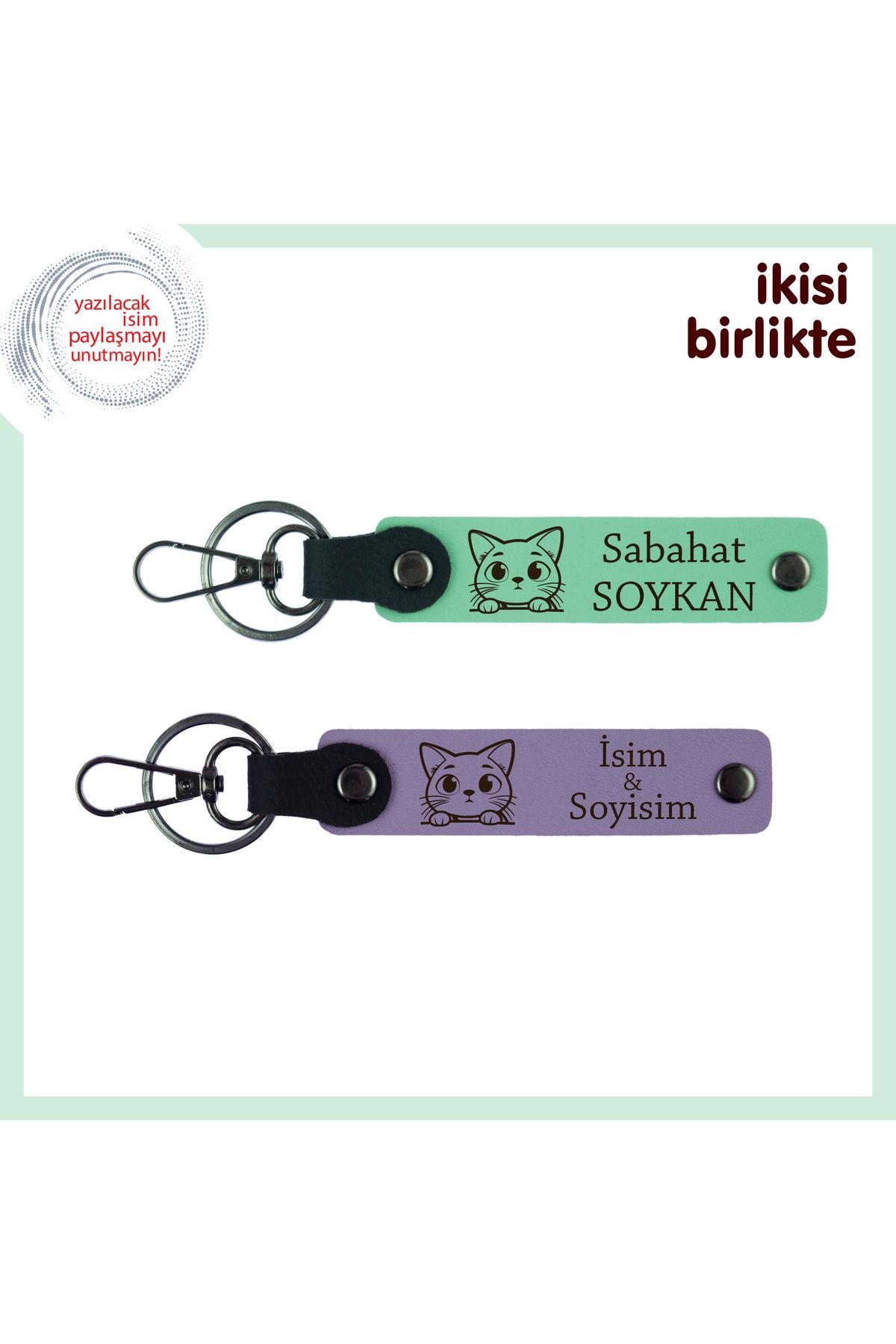 Miaju Kedi Dostu Takımlere Ortak Hatıra, İsim Yazılabilir Deri Anahtarlık Seti, Açık Yeşil-Mor Menekşe