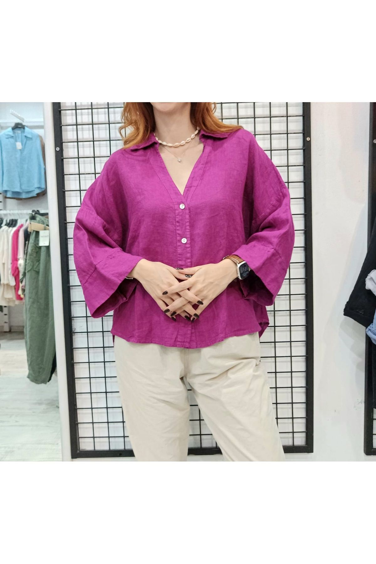 Butik Şans Düşük Kol Detaylı Rahat Kesim İtalyan Keten Gömlek