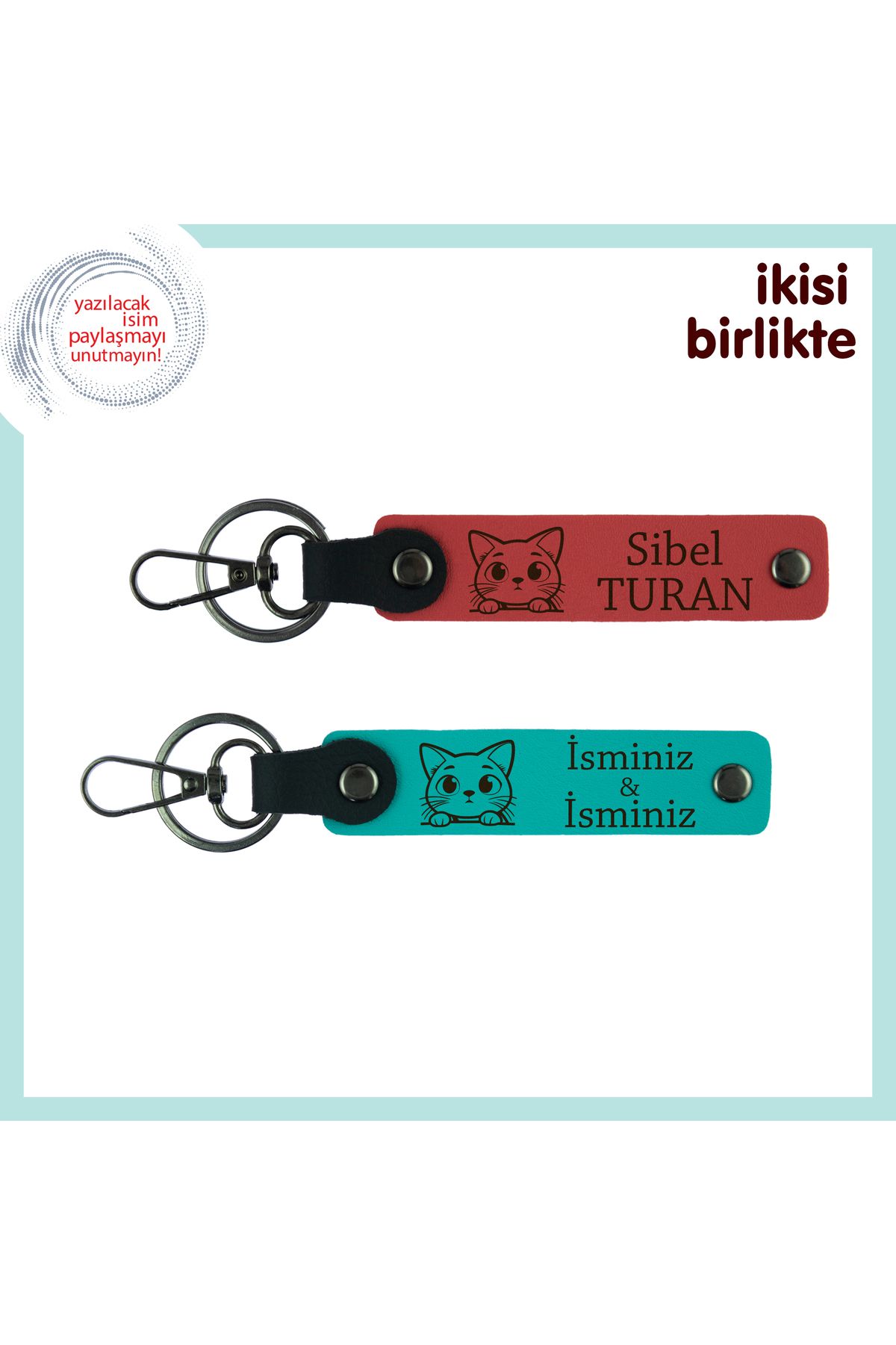 Miaju Evcil Kedinin Adını Yaşatacak Kişisel Armağan, Figürlü Deri Anahtarlık 2’li Set, Nar-Koyu Turkuaz