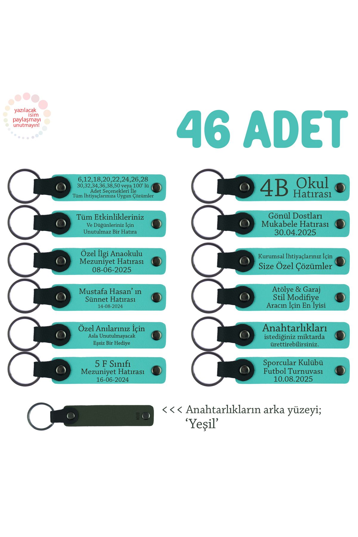 Miaju Kurum İçi Sosyal Etkinliklere Uygun 46'lı Set, Kişisel İsimli Hatıra Anahtarlık, Turkuaz & Yeşil
